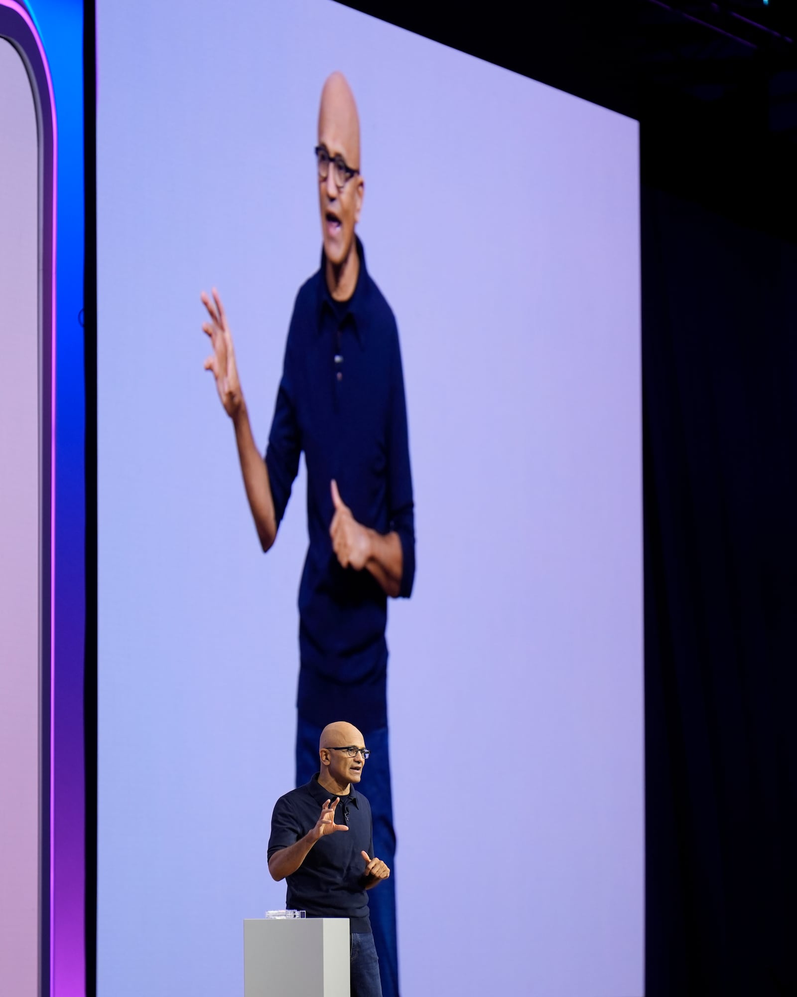 Microsoft CEO Satya Nadella speaks at the Microsoft Ignite conference Tuesday, Nov. 19, 2024, in Chicago. (AP Photo/Charles Rex Arbogast)