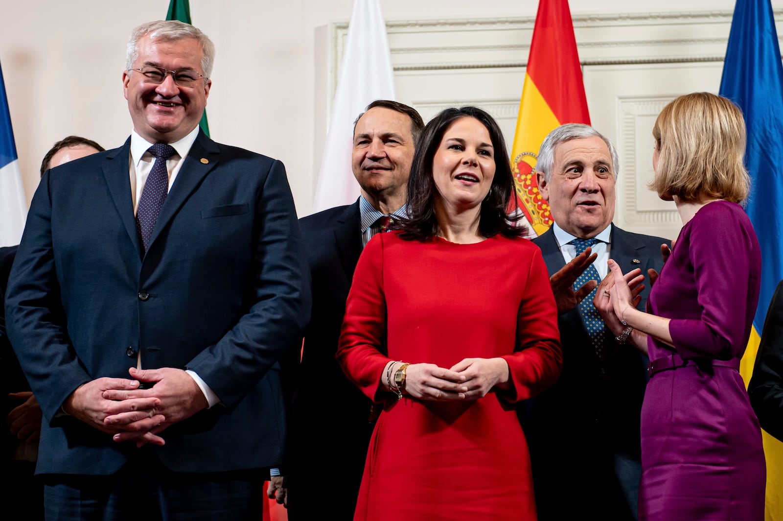 From left, Andrij Sybiha, Foreign Minister of Ukraine, Radoslaw Sikorski, Foreign Minister of Poland, Annalena Baerbock, German Foreign Minister, Antonio Tajani, Foreign Minister of Italy, and Kaja Kallas, EU High Representative for Foreign Affairs, arrive at the meeting of EU Foreign Ministers at the Federal Foreign Office's guest house, Villa Borsig, in Berlin, Thursday, Dec. 12, 2024. (Fabian Sommer/dpa via AP)