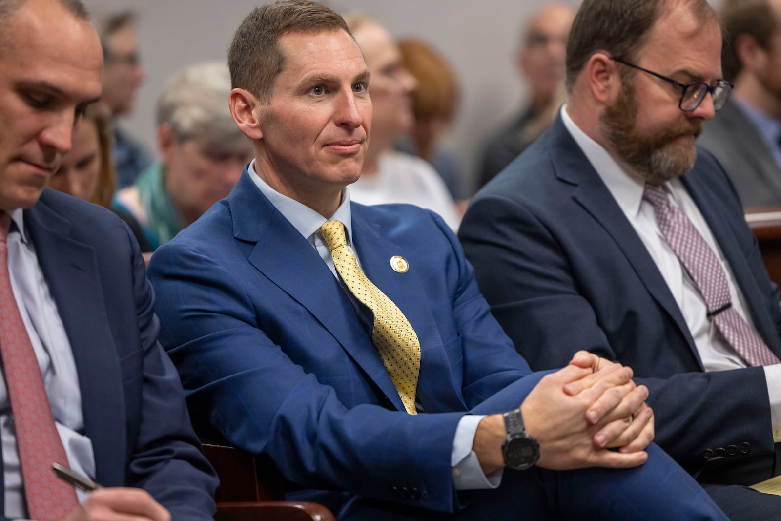 Judge Jefferson Griffin, the Republican candidate for the N.C. Supreme Court listens to testimony in Wake County Superior Court on Friday, February 7, 2025 in Raleigh, N.C. (Robert Willett/The News & Observer via AP)