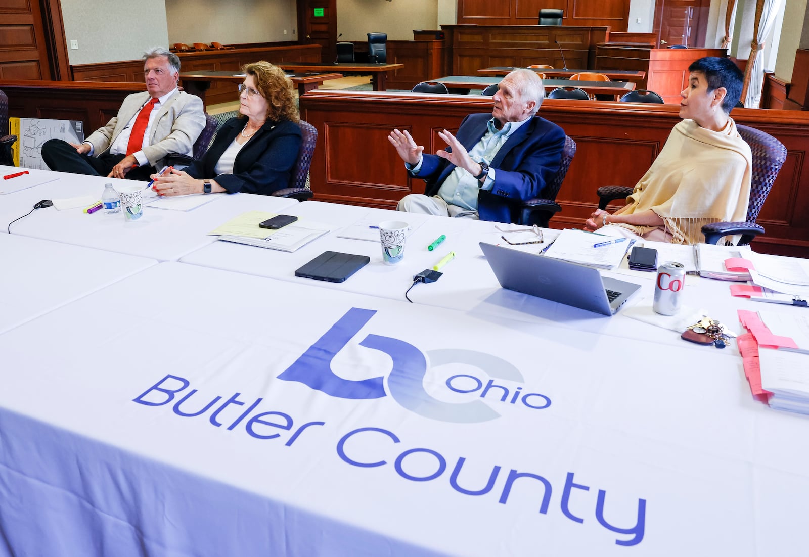 Left to right: Butler County Commissioners T.C. Rogers, Cindy Carpenter, Don Dixon and Butler County Administrator  Judi Boyko discuss county goals during a session with a consultant Monday, June 12, 2023 in Hamilton. NICK GRAHAM/STAFF