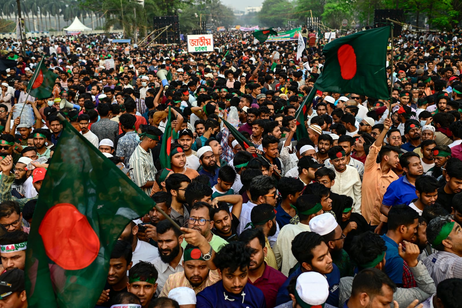 Hundreds of students gather to launch their new political party called the Jatiya Nagarik Party or National Citizen Party in Dhaka, Bangladesh, Friday, Feb. 28, 2025. (AP Photo/Mahmud Hossain Opu)