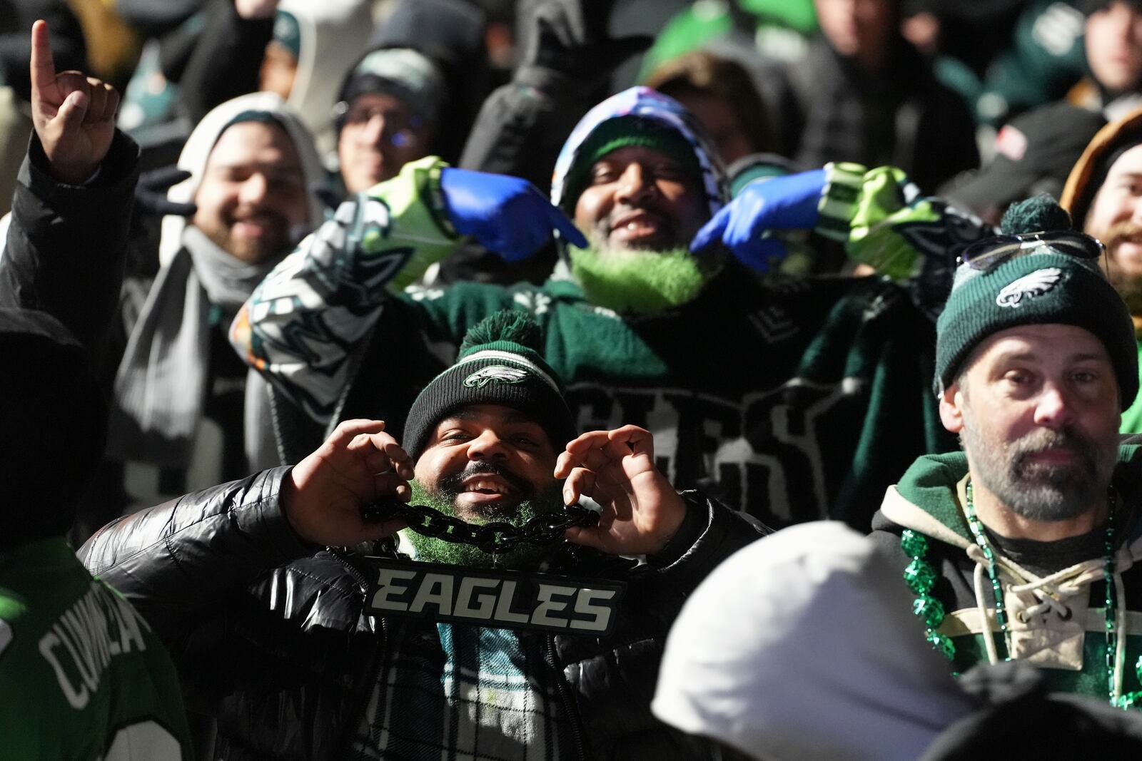 Fans gather before the Philadelphia Eagles NFL football Super Bowl 59 parade and celebration, Friday, Feb. 14, 2025, in Philadelphia. (AP Photo/Matt Rourke)