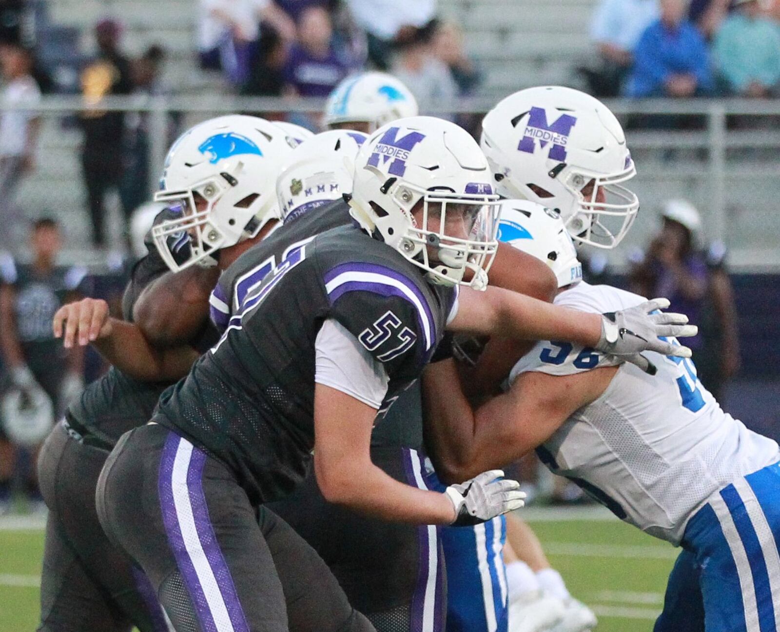 Sophomore offensive lineman Logan Osborne (57) is among the many underclassmen who started for Middletown High School vs. Springboro in a Week 2 game on Friday, Sept. 6, 2019. MARC PENDLETON / STAFF