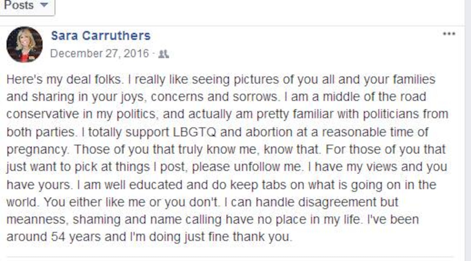 This is a screen capture of a post on Sara Carruthers’ Facebook page that have some Republicans questioning her pro-life stance.