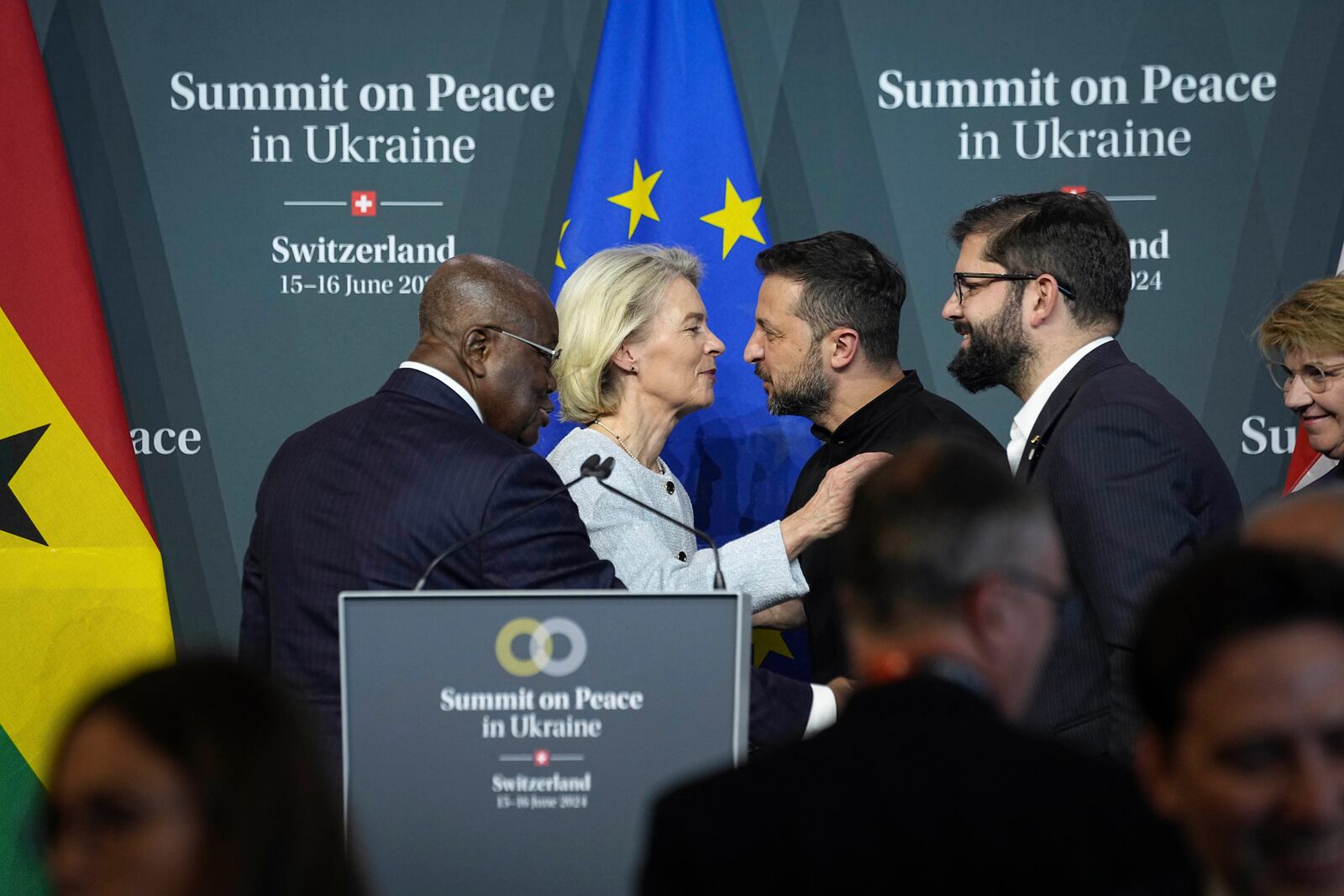 FILE - Ukraine's President Volodymyr Zelenskyy speaks with President of European Commission Ursula von der Leyen during the closing press conference of the Ukraine peace summit in Obbürgen, Switzerland, Sunday, June 16, 2024. (AP Photo/Laurent Cipriani, File)