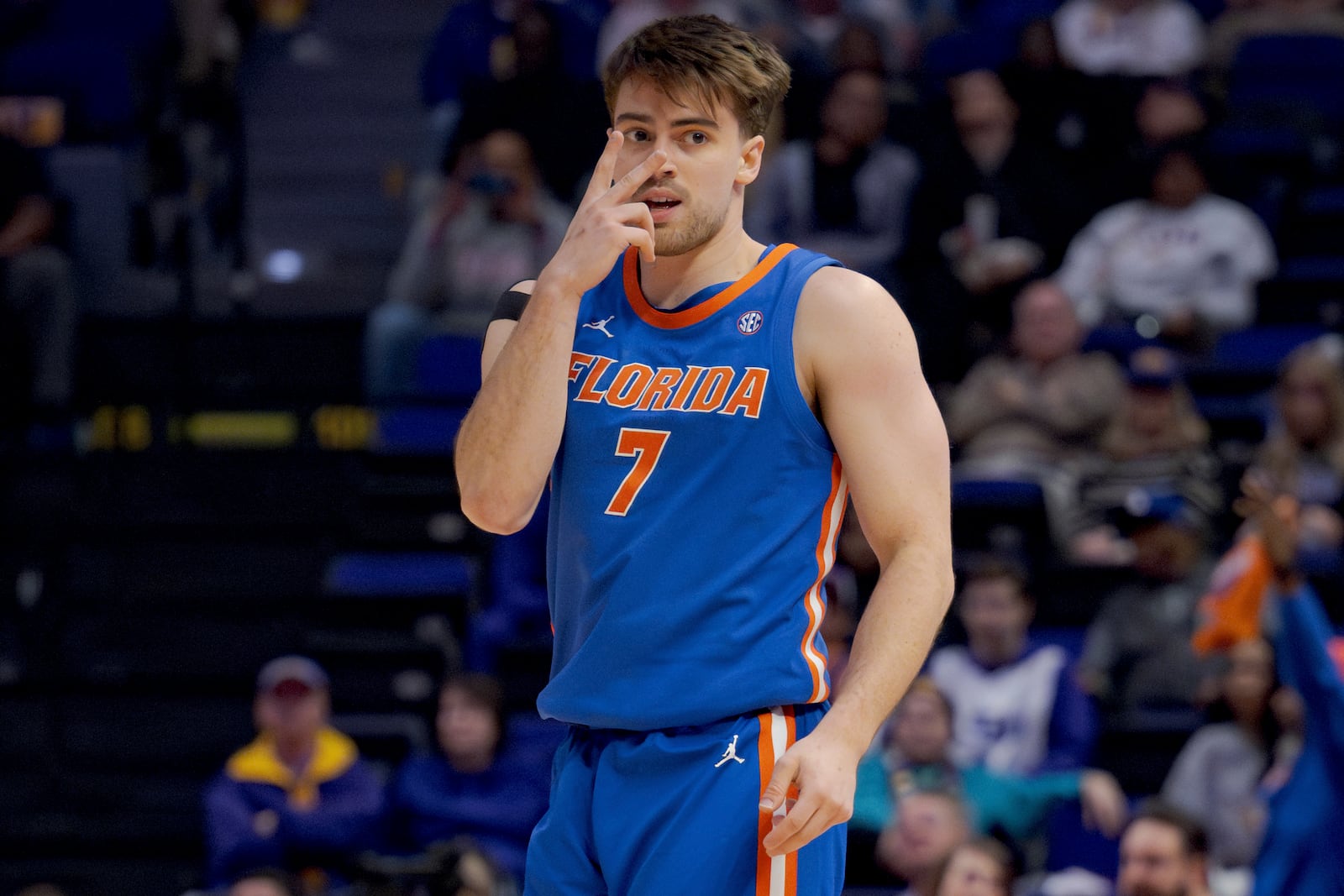 Florida guard Urban Klavzar (7) reacts after making a three point basket against LSU during the second half of an NCAA college basketball game in Baton Rouge, La., Saturday, Feb. 22, 2025. (AP Photo/Matthew Hinton)