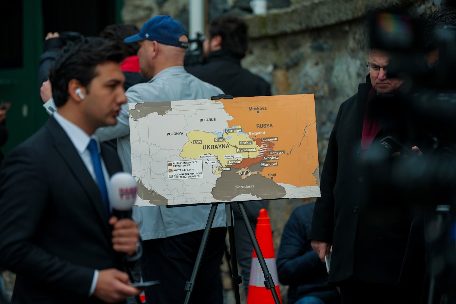 Journalists work outside U.S. Consul General residence where Russian and U.S. diplomats are met to discuss operation of embassies, in Istanbul, Turkey, Thursday, Feb. 27, 2025. (AP Photo/Francisco Seco)