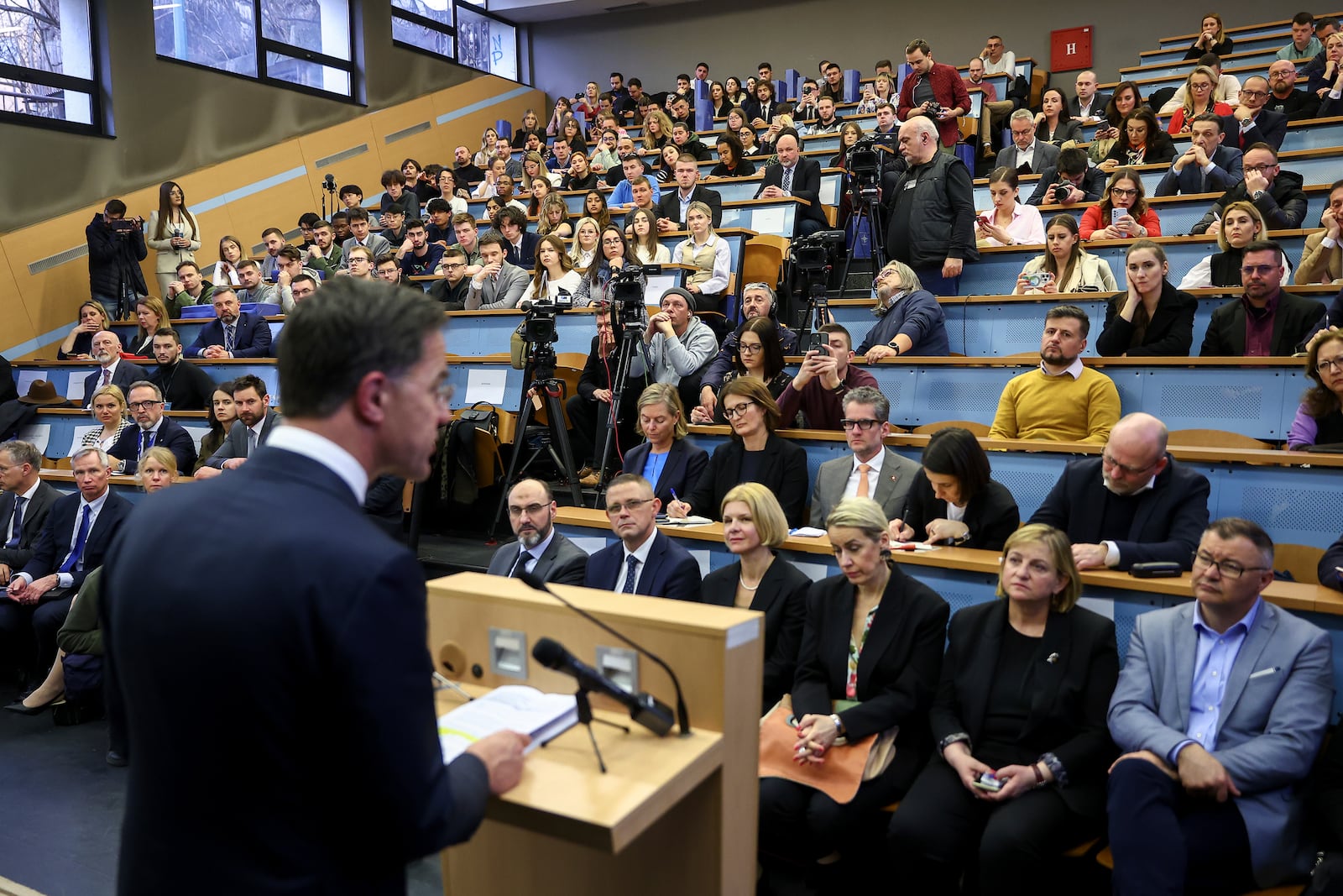 NATO Secretary General Mark Rutte speaks during lecture at the Faculty of Political Sciences in Sarajevo, Bosnia, Monday, March 10, 2025. (AP Photo/Armin Durgut)