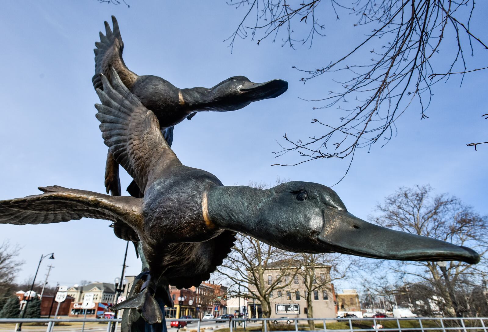 The "Riverside Mallards" sculpture by artist Ronnie Wells is located at northwest end of the High-Main Street Bridge
It was dedicated on February 2, 2008, during the City of Sculpture's IceFest, an appropriate time, as proceeds from this biennial event were critical to this sculptureâs purchase. NICK GRAHAM/STAFF