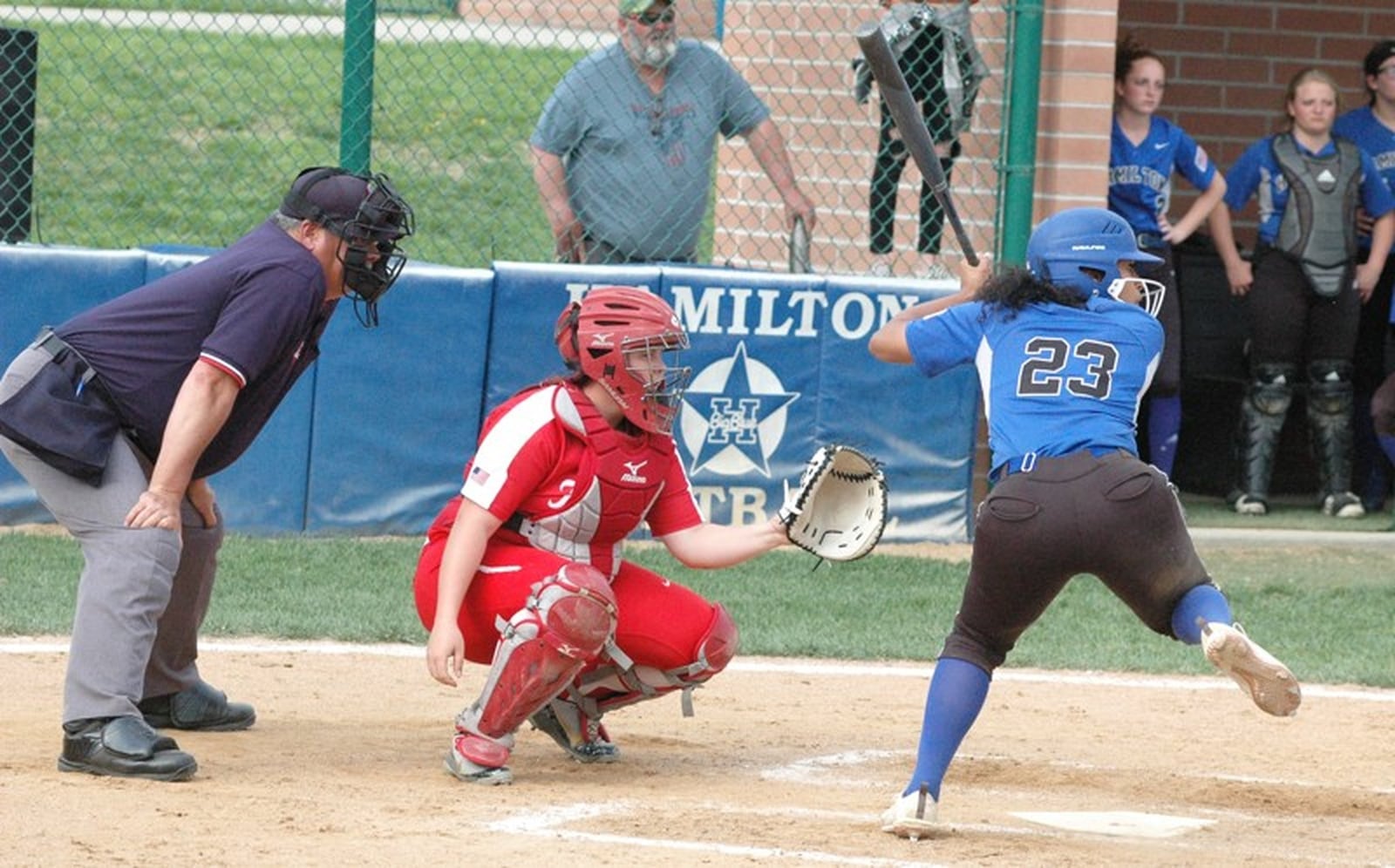 Hamilton’s Mya Halcomb (23) is about to take a swing April 18 during a Greater Miami Conference softball game against Fairfield at Hamilton. Fairfield won 16-0 in five innings. RICK CASSANO/STAFF