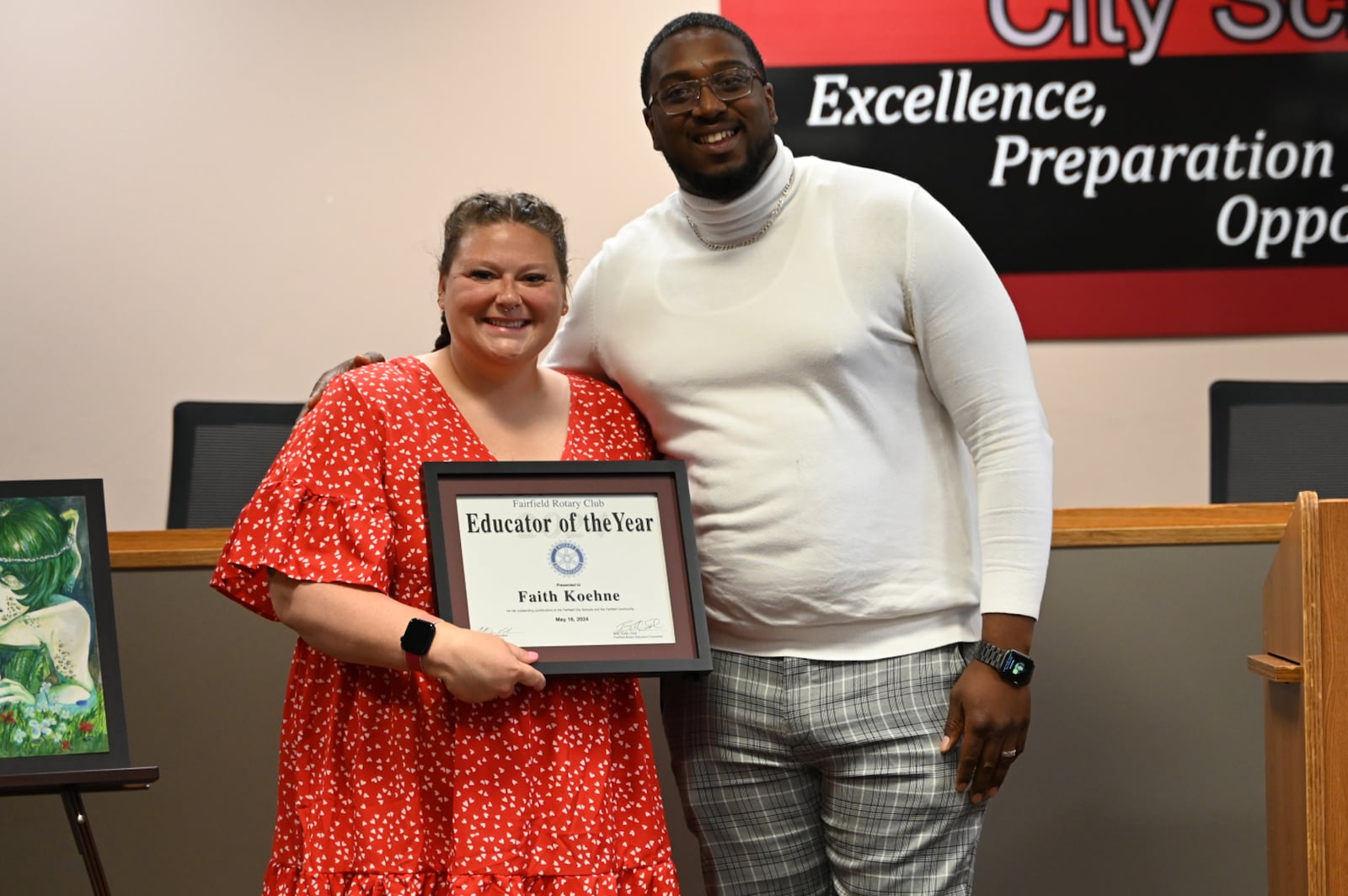 Creekside Middle School seventh-grade math teacher Faith Koehne was named the Fairfield Rotary Club's Educator of the Year. She was honored at last week's Fairfield Rotary Club's meeting on May 16, 2024, which also awarded scholarships to several graduating seniors. MICHAEL D. PITMAN/STAFF