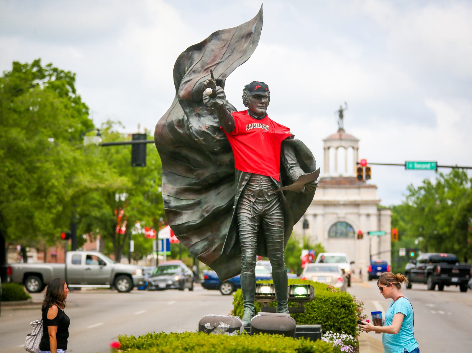 The Alexander Hamilton statue in downtown Hamilton sports a Hamilton Joe’s baseball team uniform and hat. The stunt was designed to draw attention to their first game of the 2017 season.