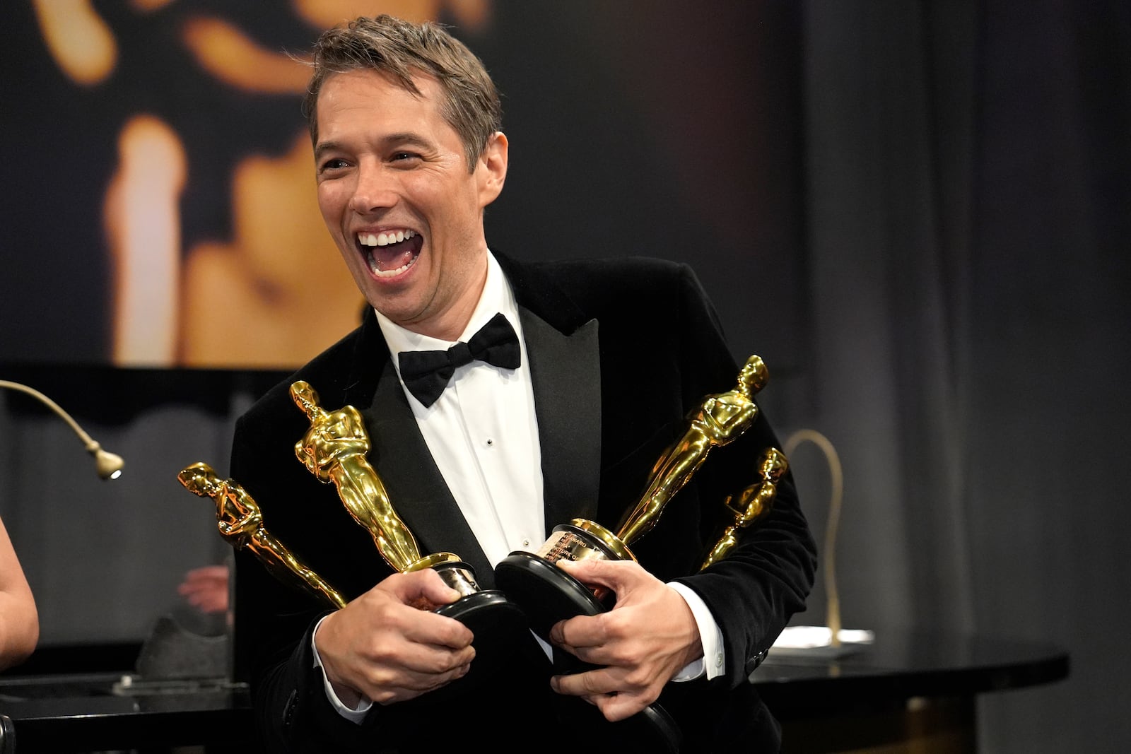 Sean Baker, winner of the awards for best original screenplay, best film editing, best director, and best picture for "Anora," attends the Governors Ball after the Oscars on Sunday, March 2, 2025, in Los Angeles. (AP Photo/John Locher)