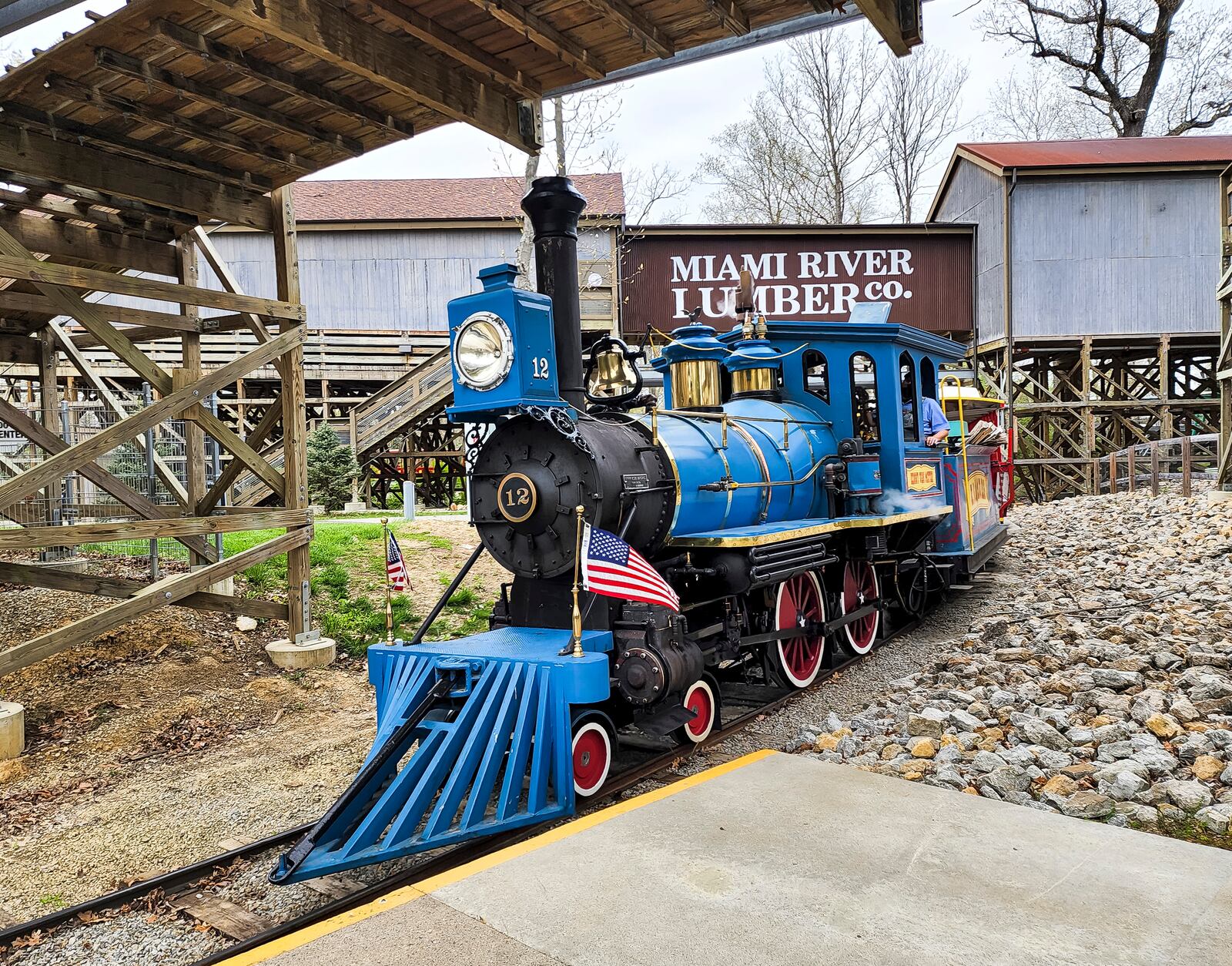 Kings Island held an opening ceremony and ribbon cutting Friday, April 29, 2022 in celebration of their 50th Anniversary. Visitors with the Kings Island & Miami Valley Railroad train after the ceremony. NICK GRAHAM/STAFF