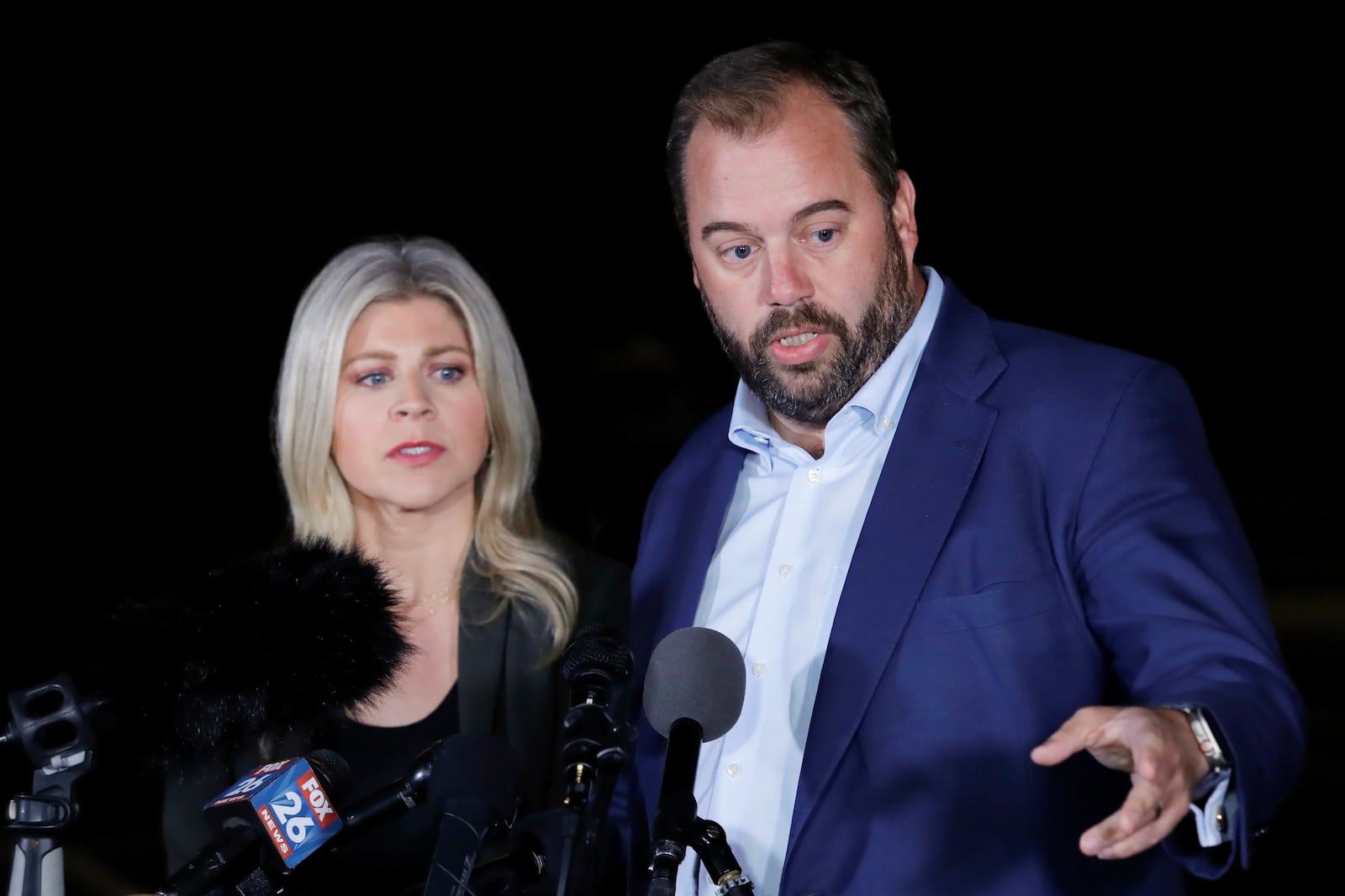 Texas state representatives Lacey Hull, left, and John Bucy III comment during a press conference after the stay granted by the Texas Supreme Court to halt the execution of Robert Roberson, at the Huntsville Unit of the Texas State Penitentiary, Thursday, Oct. 17, 2024, in Huntsville, Texas. (AP Photo/Michael Wyke)