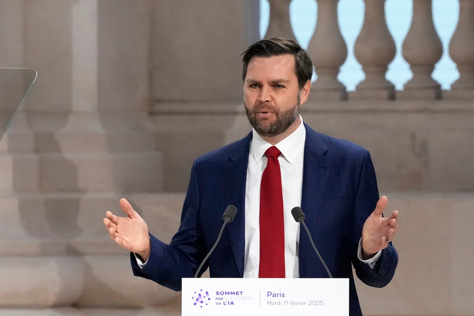 United States Vice-President JD Vance addresses the audience at the Grand Palais during the Artificial Intelligence Action Summit in Paris, Tuesday, Feb. 11, 2025. (AP Photo/Michel Euler)