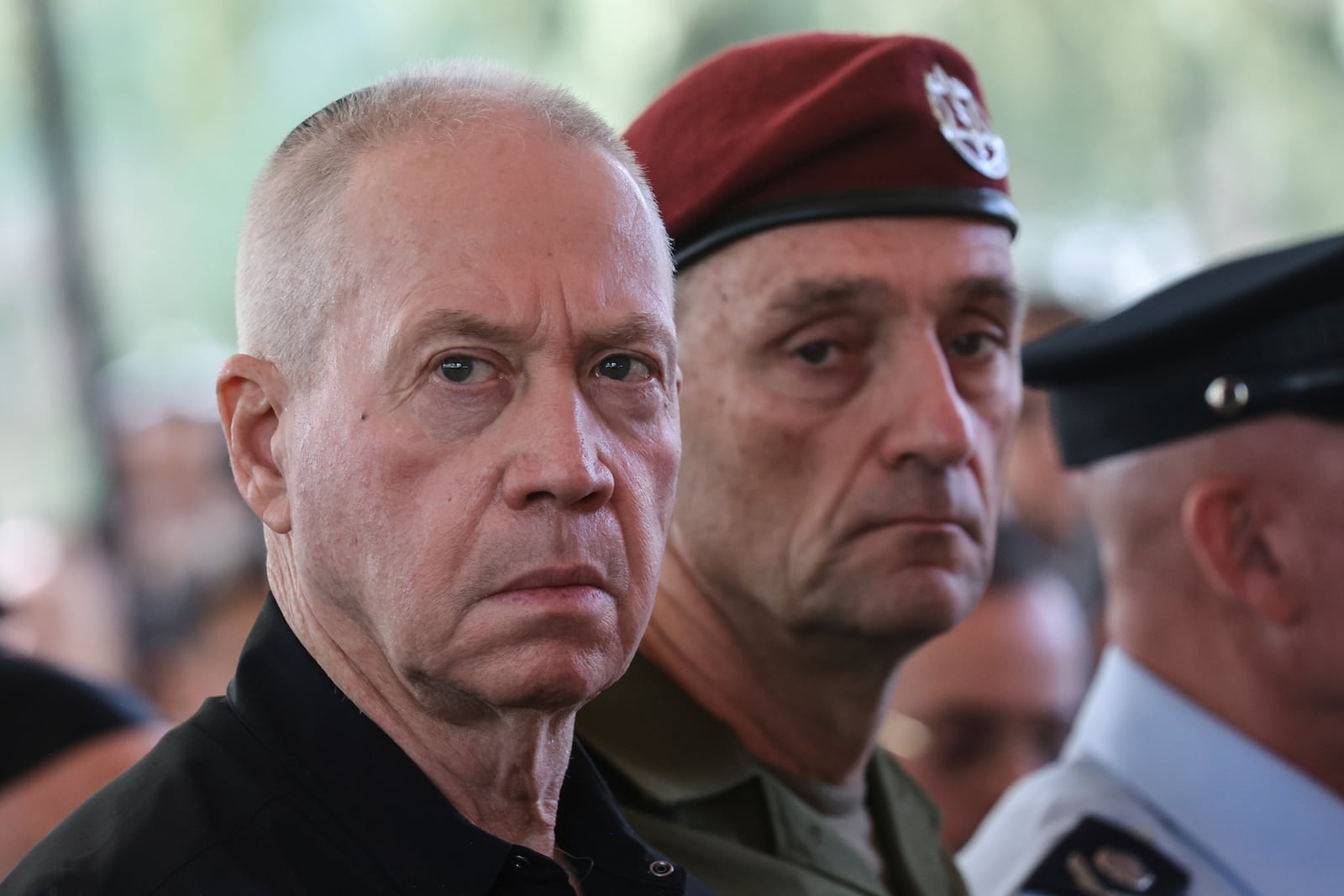 FILE - Israel's then Defense Minister Yoav Gallant, left, and Chief of the General Staff Lieutenant-General Herzi Halevi, attend a ceremony marking the Hebrew calendar anniversary of the Hamas attack on Oct. 7, 2023, at the Mount Herzl military cemetery in Jerusalem, Israel, Oct. 27, 2024. (Gil Cohen-Magen/Pool Photo via AP, File)