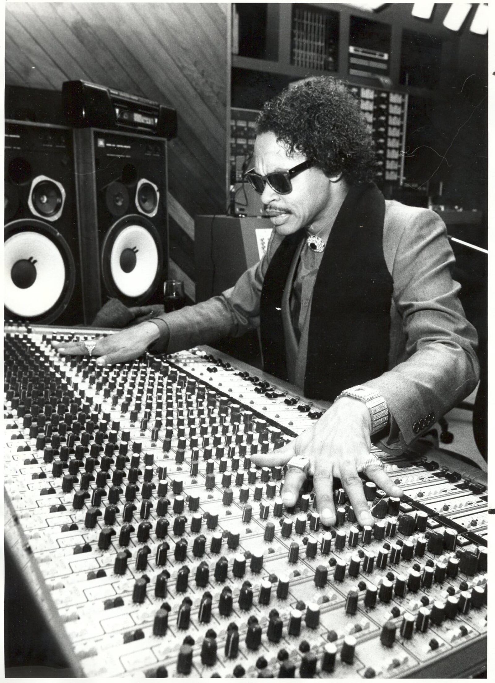 Roger Troutman works at the control board of his studio in an undated photo. Troutman, a musician and leader of the band Zapp, was shot and killed by his brother, Larry Troutman, on April 25, 1999. DAYTON DAILY NEWS ARCHIVE PHOTO