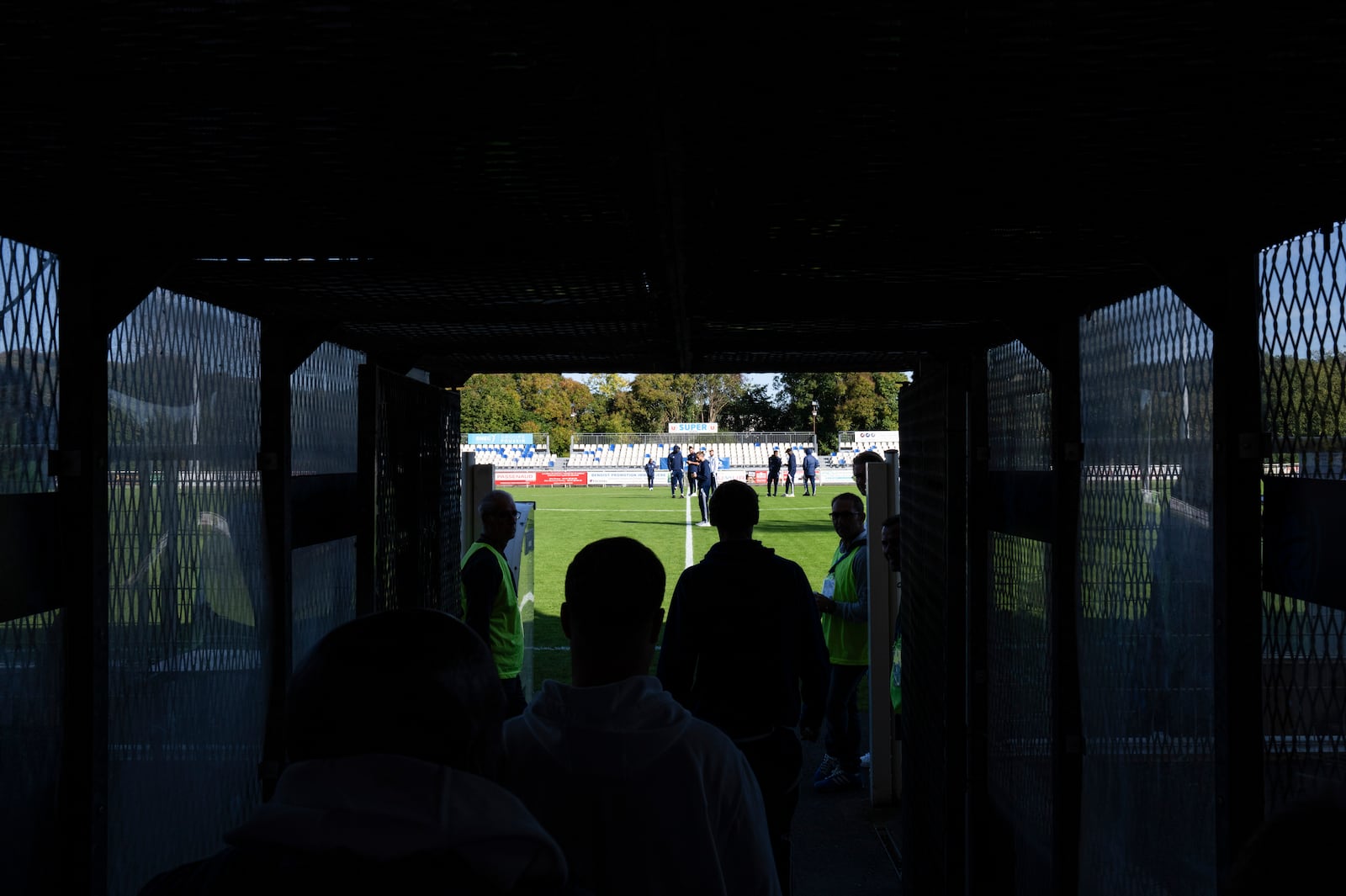 Bordeaux players enter the stadium for the warm-up prior to the Championnat National 2 match between Saumur and Bordeaux, in Saumur, France, Saturday, Oct. 5, 2024.(AP Photo/Louise Delmotte)