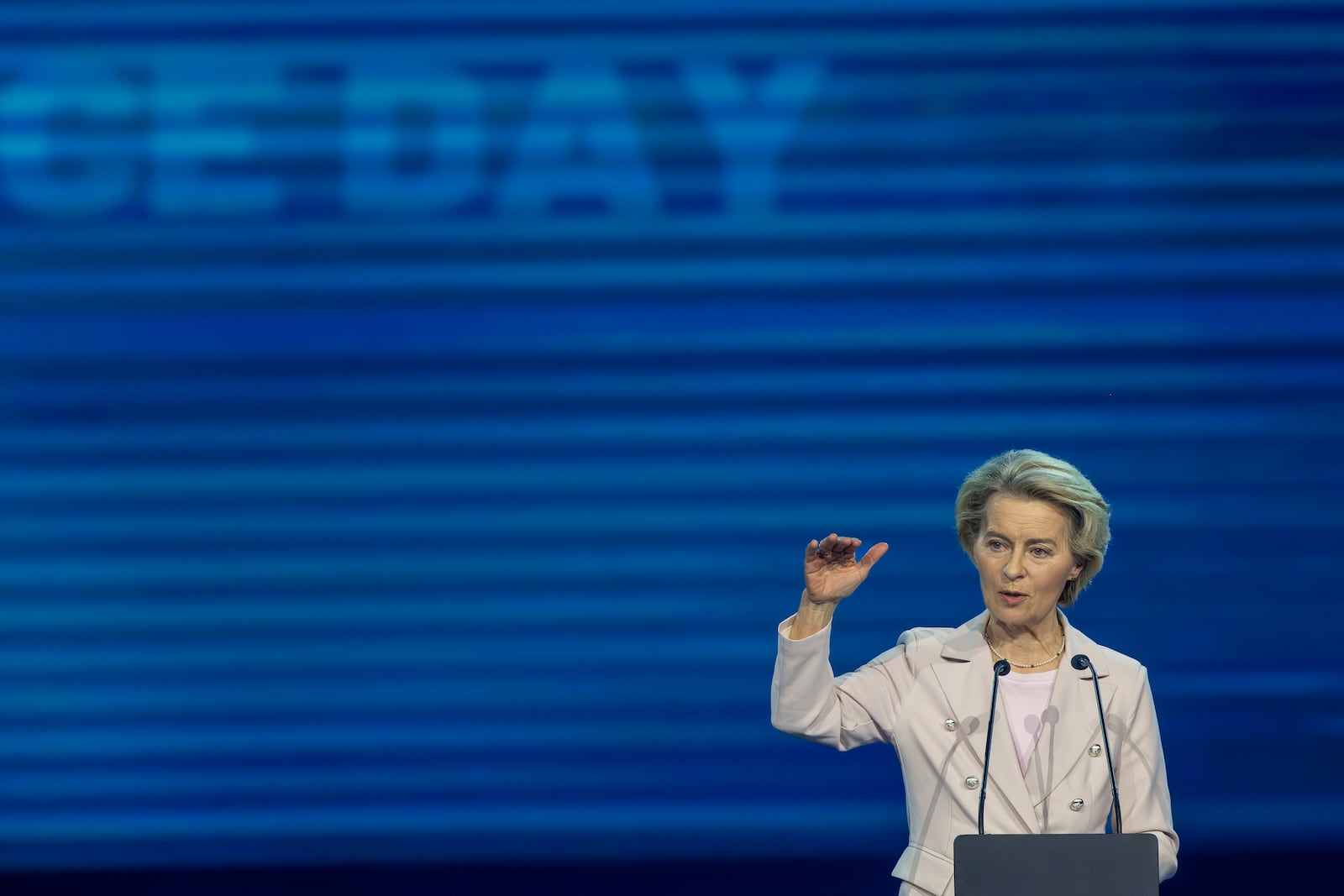 FILE - European Commission President Ursula von der Leyen speaks at the historic synchronisation of the Baltic states with the EU electricity system activation ceremony of the "Baltic Energy Independence Day" in Vilnius, Lithuania, Sunday, Feb. 9, 2025. (AP Photo/Mindaugas Kulbis, File)