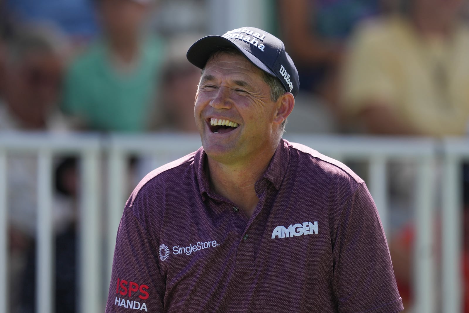 Padraig Harrington, of Ireland, laughs during the first round of the Mexico Open golf tournament in Puerto Vallarta, Mexico, Thursday, Feb. 20, 2025. (AP Photo/Fernando Llano)