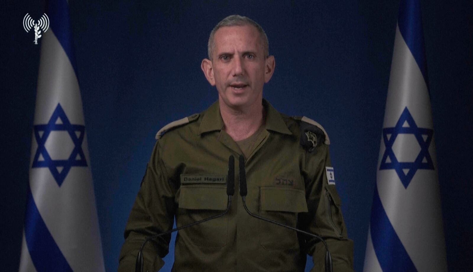 In this image taken from video released by the Israel Defense Forces early Saturday, Oct. 26, 2024, Israeli military spokesperson Rear Adm. Daniel Hagari announces that the IDF is conducting strikes on military targets in Iran. (Israel Defense Forces via AP)