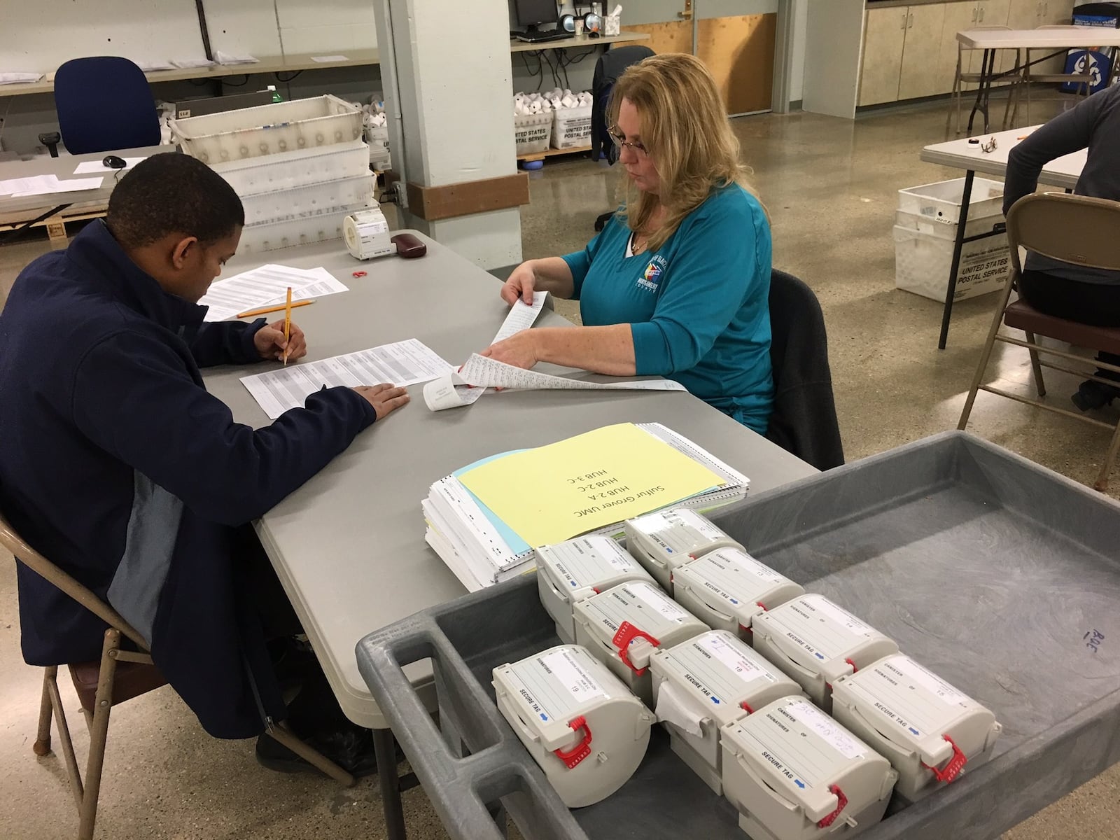 Montgomery County Board of Elections clerks Priscilla Ritchie and Joshua Pettis reconcile the voter-verified paper record of votes with what electronic touch screen voting machines recorded. It is part of Ohio’s mandated audit of a sampling of the Nov. 8 vote. Montgomery County’s audit found 100 percent of audited ballots matched the certified election results. LYNN HULSEY/STAFF