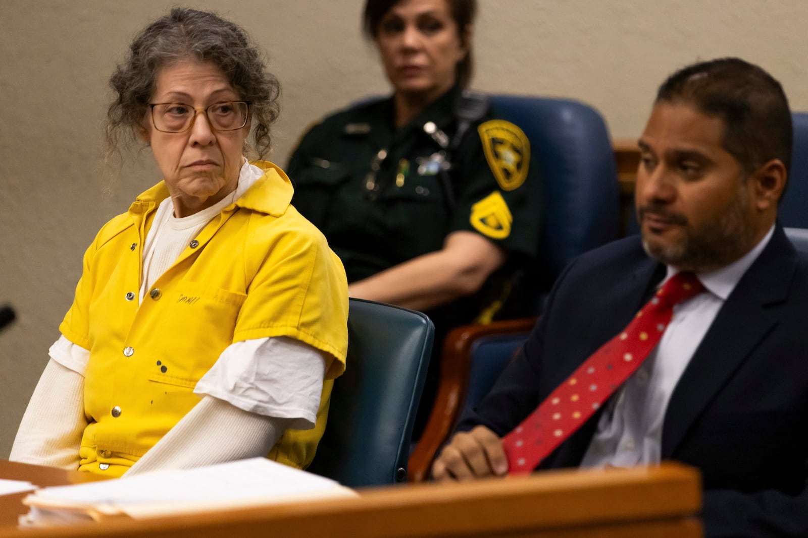 Defendant Susan Lorincz, left, who fatally shot a Black neighbor through her front door during an ongoing dispute, listens to proceedings during her sentencing hearing Monday, Nov. 25, 2024, in Ocala, Fla. (Doug Engle/Ocala Star-Banner via AP, Pool)