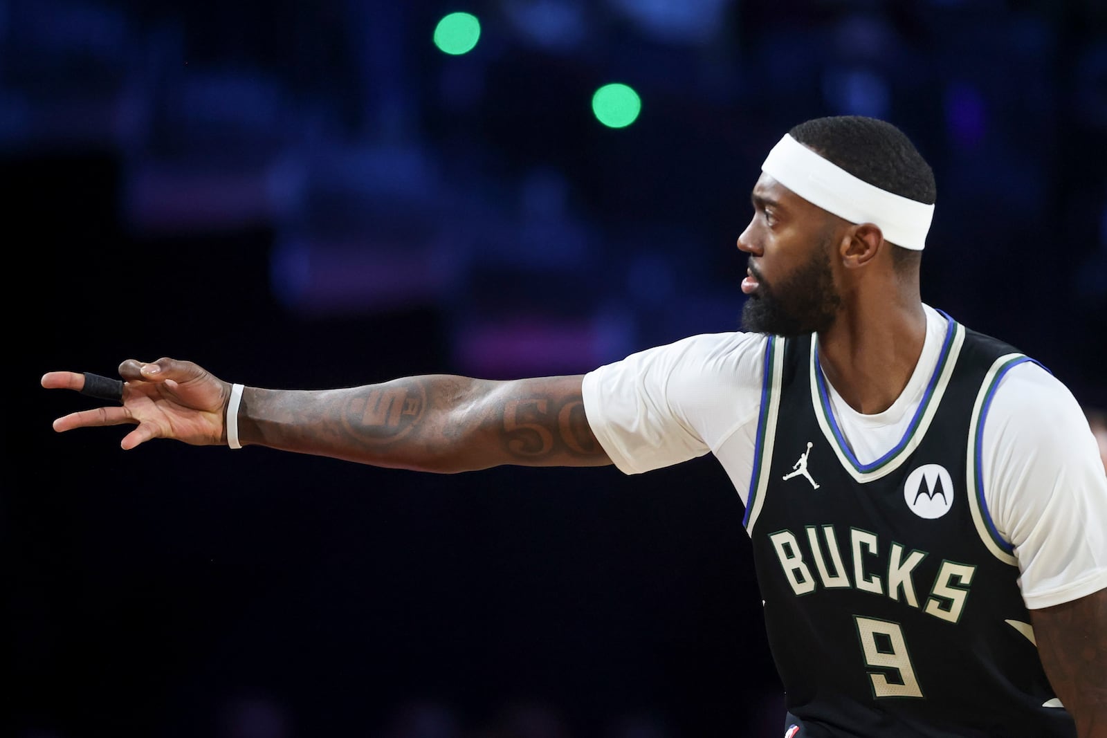 Milwaukee Bucks forward Bobby Portis (9) celebrates after a three point basket during the first half of the championship game against the Oklahoma City Thunder in the NBA Cup basketball tournament Tuesday, Dec. 17, 2024, in Las Vegas. (AP Photo/Ian Maule)