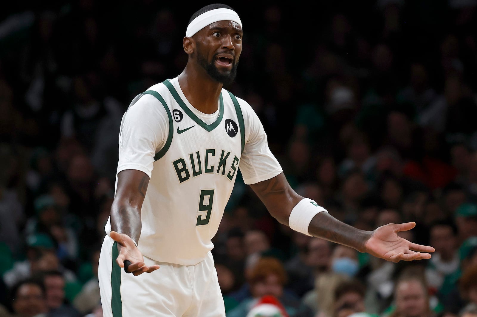 FILE - Milwaukee Bucks forward Bobby Portis (9) reacts to a call against him during the first half of an NBA basketball game against the Boston Celtics, Sunday, Dec. 25, 2022, in Boston. (AP Photo/Mary Schwalm, File)