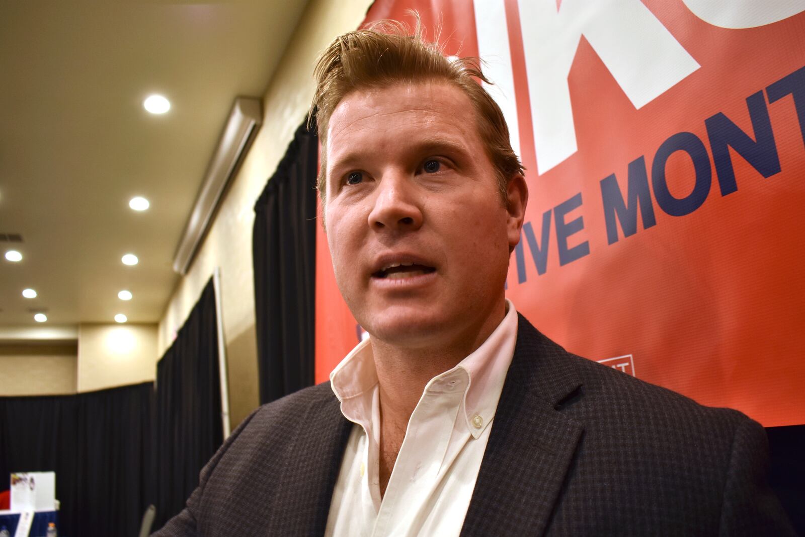 FILE - U.S. Senate candidate Tim Sheehy talks about his campaign, Friday, Feb. 9, 2024, in Helena, Mont. Sheehy is seeking the Republican nomination to challenge U.S. Sen. Jon Tester in the November election. (AP Photo/Matthew Brown, File)