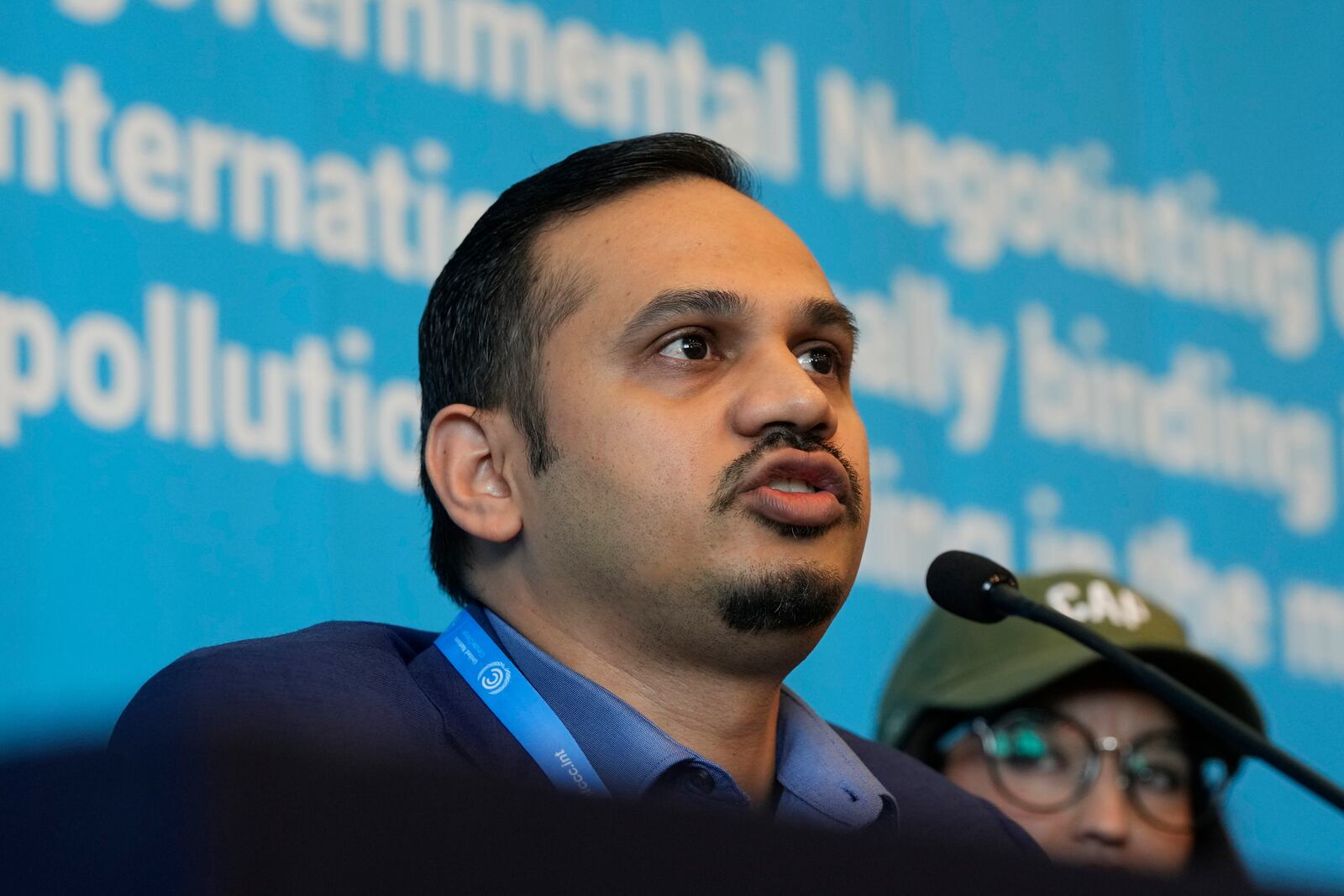 Sivendra Michael, Fiji's secretary for the environment and climate change, speaks during a press conference as Camila Zepeda, head of delegation for Mexico, watches at the fifth session of the Intergovernmental Negotiating Committee on Plastic Pollution in Busan, South Korea, Sunday, Dec. 1, 2024. (AP Photo/Ahn Young-joon)