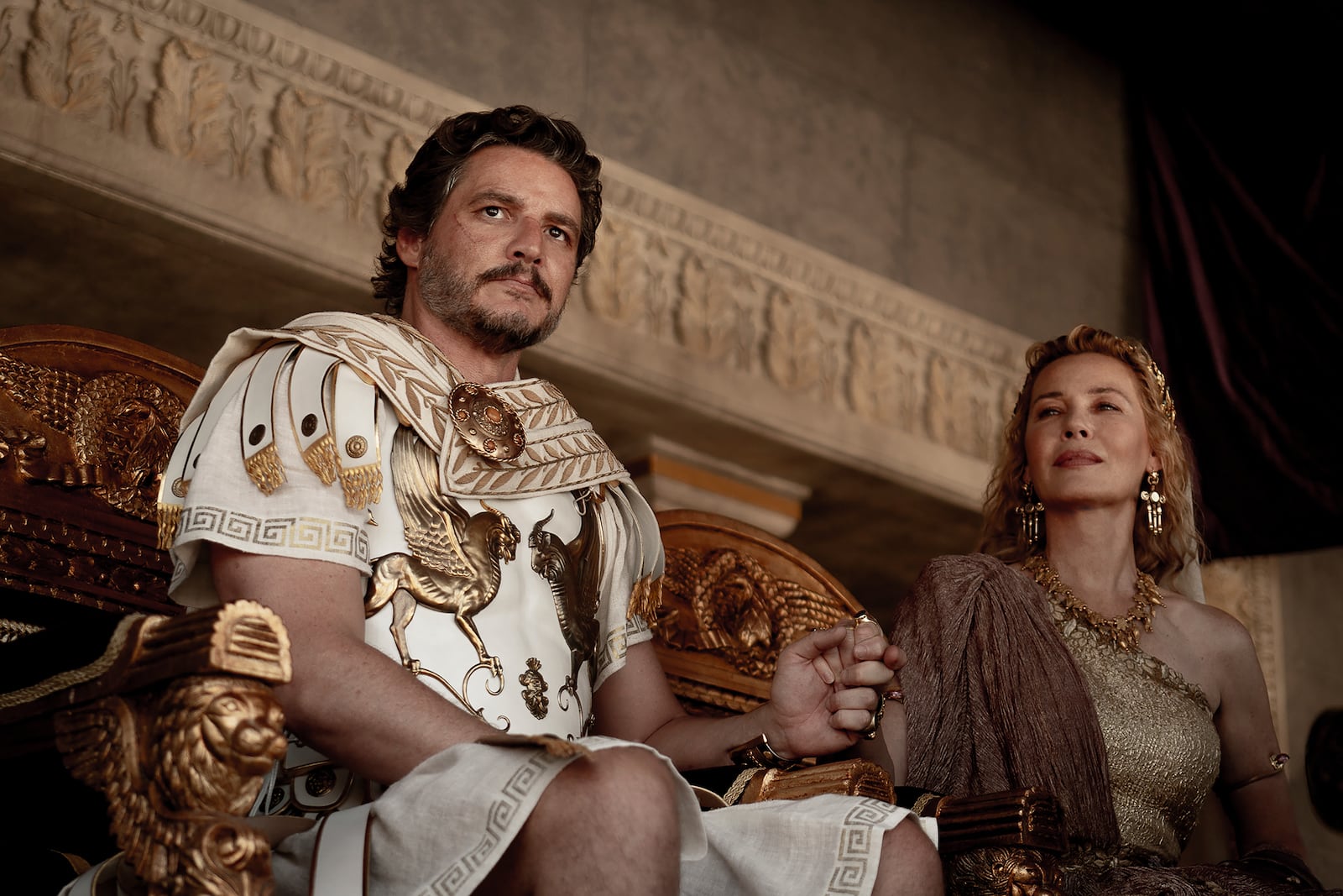 This image released by Paramount Pictures shows Pedro Pascal, left, and Connie Nielsen in a scene from "Gladiator II." (Cuba Scott/Paramount Pictures via AP)