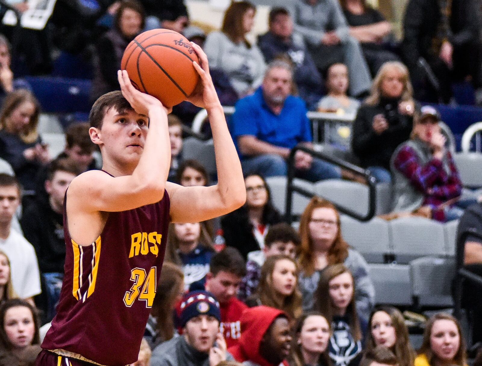 Max Stepaniak of Ross prepares to launch a shot Friday night at Edgewood. Visiting Ross won 49-34. NICK GRAHAM/STAFF