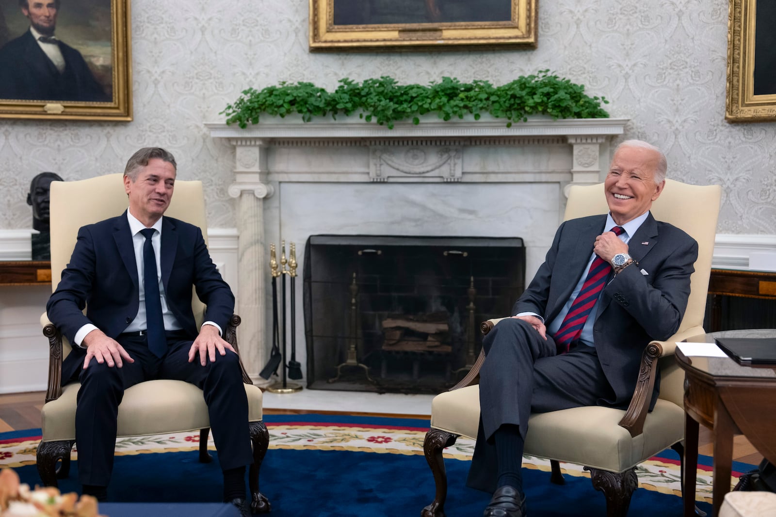 President Joe Biden meets with Slovenia's Prime Minister Robert Golob, left, in the Oval Office of the White House in Washington, Tuesday, Oct. 22, 2024. (AP Photo/Ben Curtis)