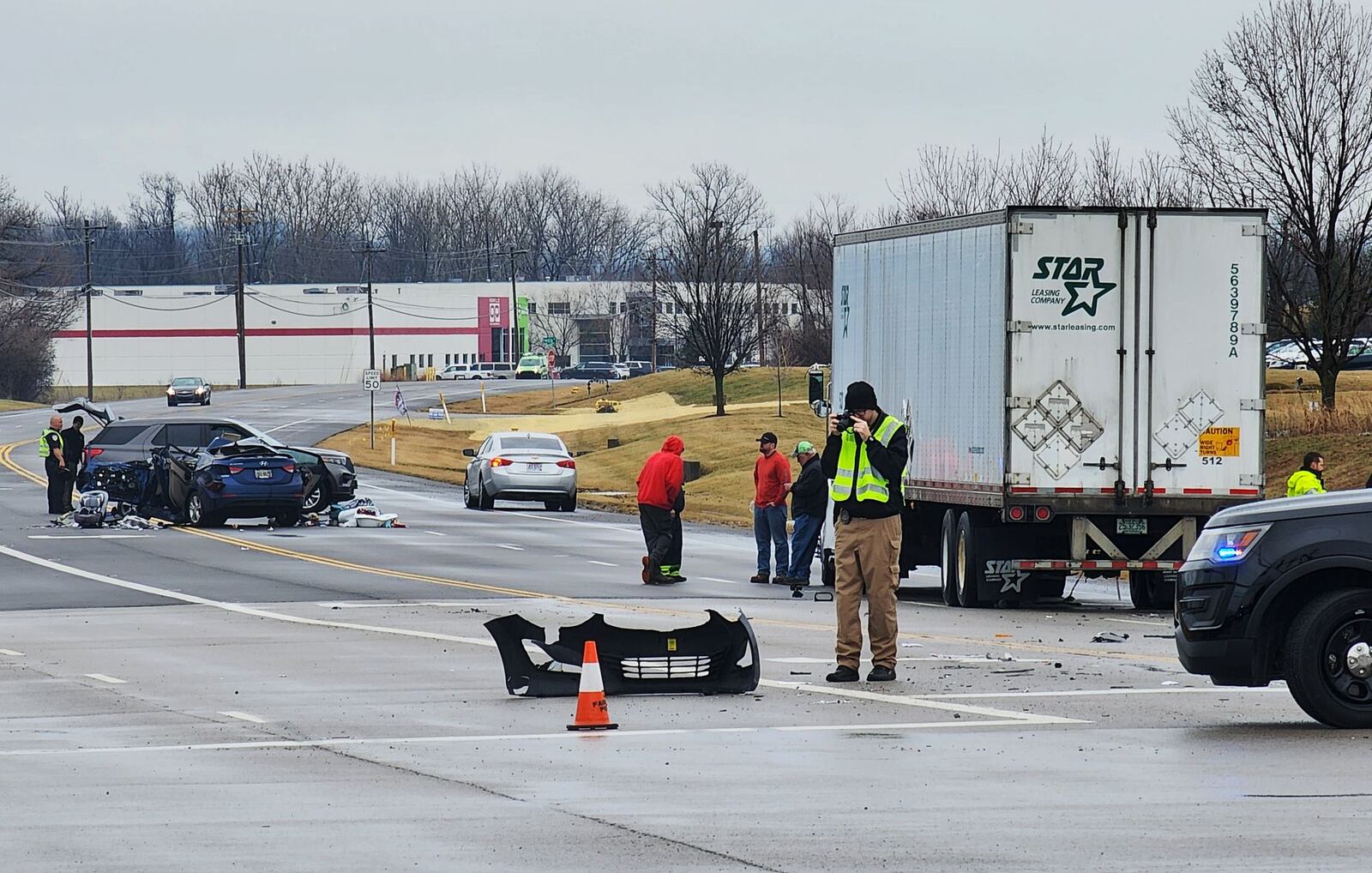 A crash involving a semi and a vehicle on eastbound Union Center Boulevard between Seward Road and Iwata Drive on Thursday morning, Feb. 16, 2023. NICK GRAHAM/STAFF