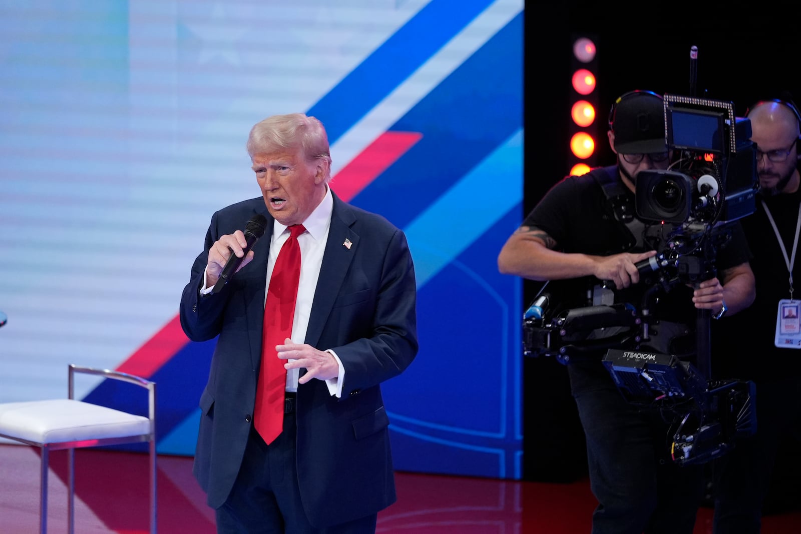 Republican presidential nominee former President Donald Trump speaks during a Univision town hall, Wednesday, Oct. 16, 2024, in Doral, Fla. (AP Photo/Alex Brandon)