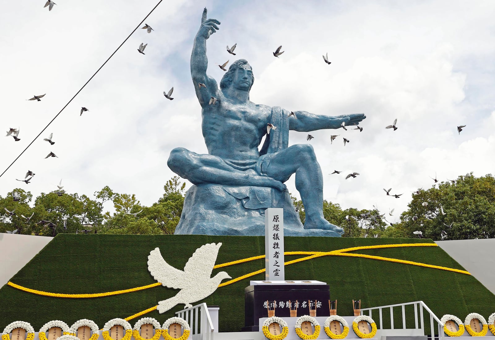 FILE - Doves fly over the Peace Statue during a ceremony to mark the 77th anniversary of the U.S. atomic bombing at the Peace Park in Nagasaki, southern Japan, on Aug. 9, 2022. The Nobel Peace Prize has been awarded to Nihon Hidankyo, a Japanese organization of survivors of the U.S. atomic bombings of Hiroshima and Nagasaki, for its activism against nuclear weapons. (Kyodo News via AP, File)