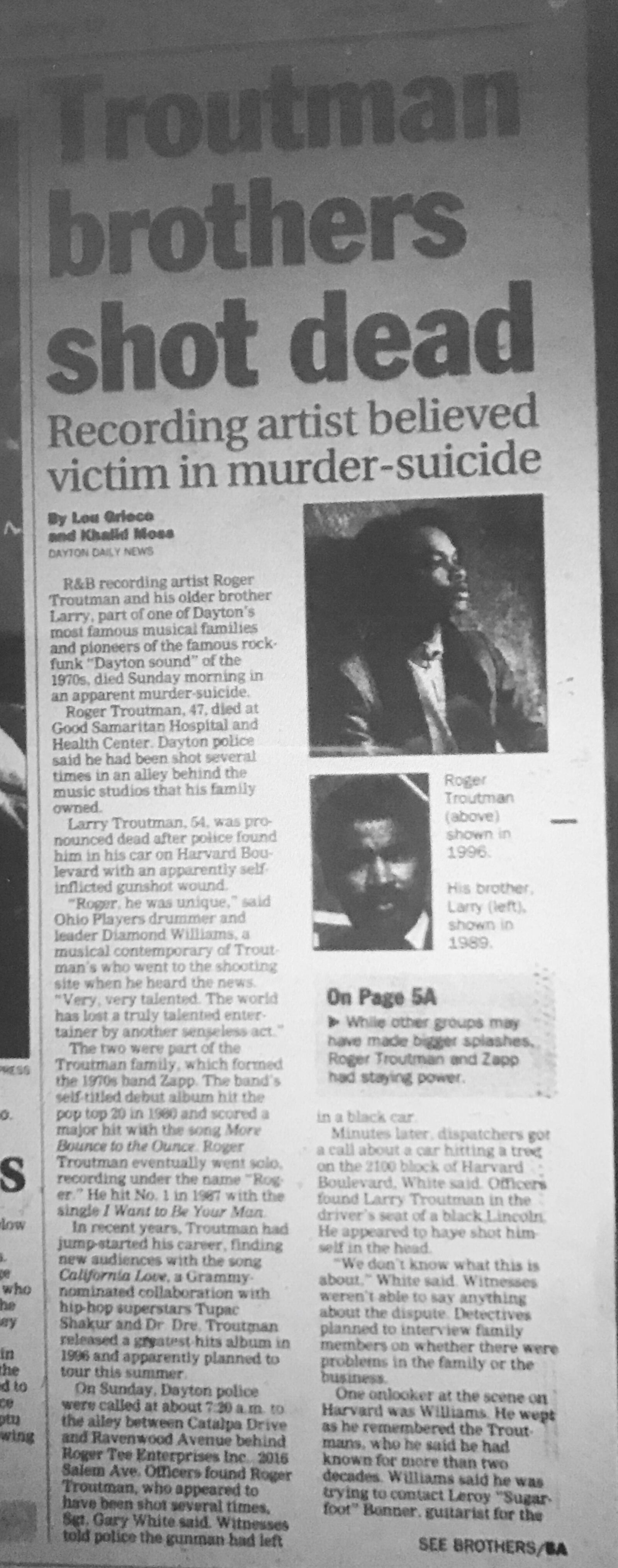 The death of Roger and Larry Troutman in a  murder-suicide made headlines in the Dayton Daily News in 1999. Source: Dayton Daily News archives