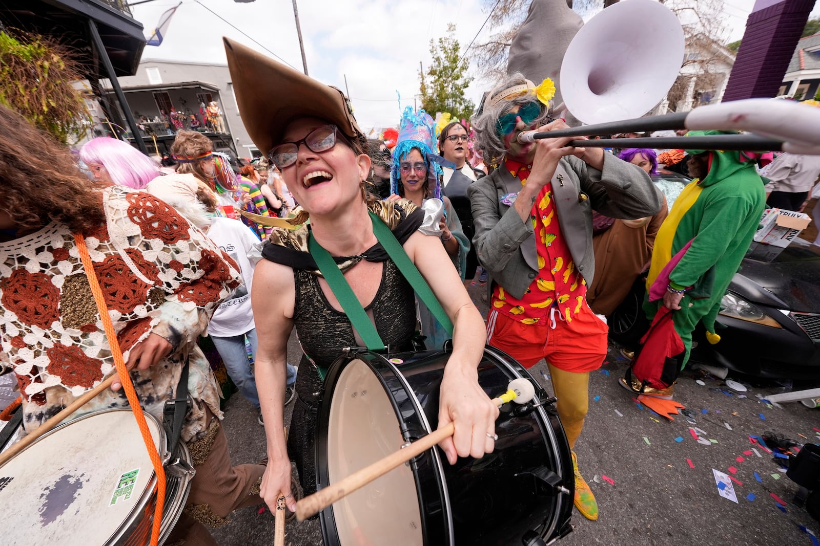 A band plays during the Society of Saint Anne's parade on Mardi Gras Day, Tuesday, March 4, 2025 in New Orleans. (AP Photo/Gerald Herbert)