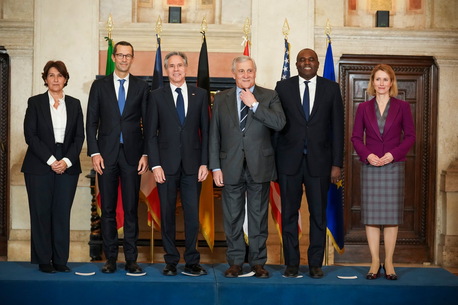 From left, Anne Grillo, Director of the Middle East and North Africa Department at the French Ministry of Foreign Affairs, Günter Sautter, German Political Director of the Ministry of Foreign Affairs, United States Secretary of State Antony Blinken, Italian Foreign Minister Antonio Tajani, Britain's Foreign Secretary David Lammy, and EU High Representative for Foreign Affairs and Security Policy Kaja Kallas, pose for a family photo during a meeting, Thursday, Jan. 9, 2025, at Rome's Villa Madama, on the situation in Syria after the collapse of the Assad regime. (AP Photo/Andrew Medichini