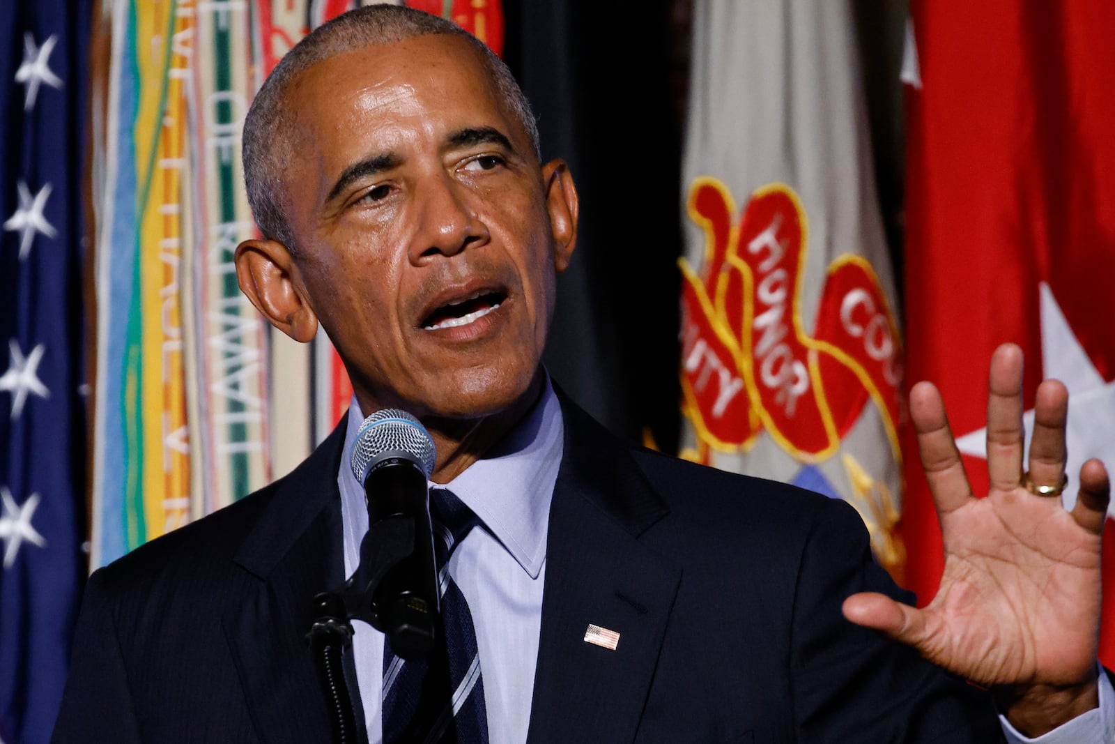 Former President Barack Obama speaks to guests after receiving the 2024 Sylvanus Thayer Award from the West Point Association of Graduates during ceremonies hosted by the U.S. Military Academy, at West Point, Thursday, Sept. 19, 2024, in New York. (AP Photo/Eduardo Munoz Alvarez)