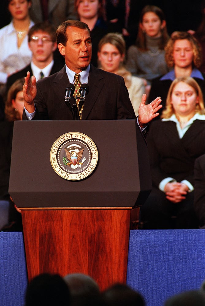 President George W. Bush signing No Child Left Behind Act at Hamilton High School Jan. 8, 2002.