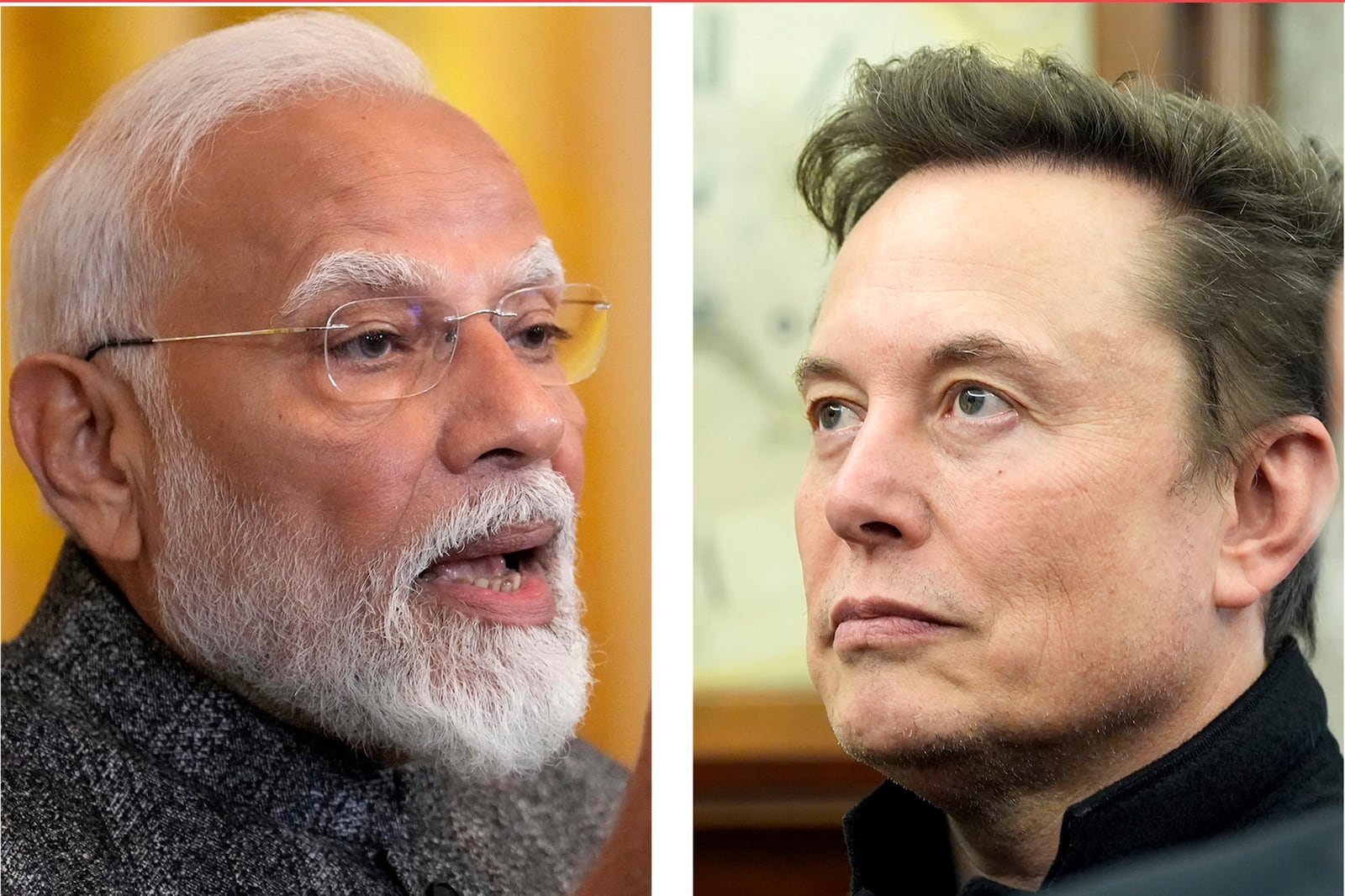 This Thursday, Feb. 13, 2025 combination photos show, on left, India's Prime Minister Narendra Modi speaking during a news conference with President Donald Trump in the East Room of the White House, and on right, Elon Musk listening as President Donald Trump meets with India's Prime Minister Narendra Modi in the Oval Office of the White House, in Washington.(AP Photos/Ben Curtis and Alex Brandon)