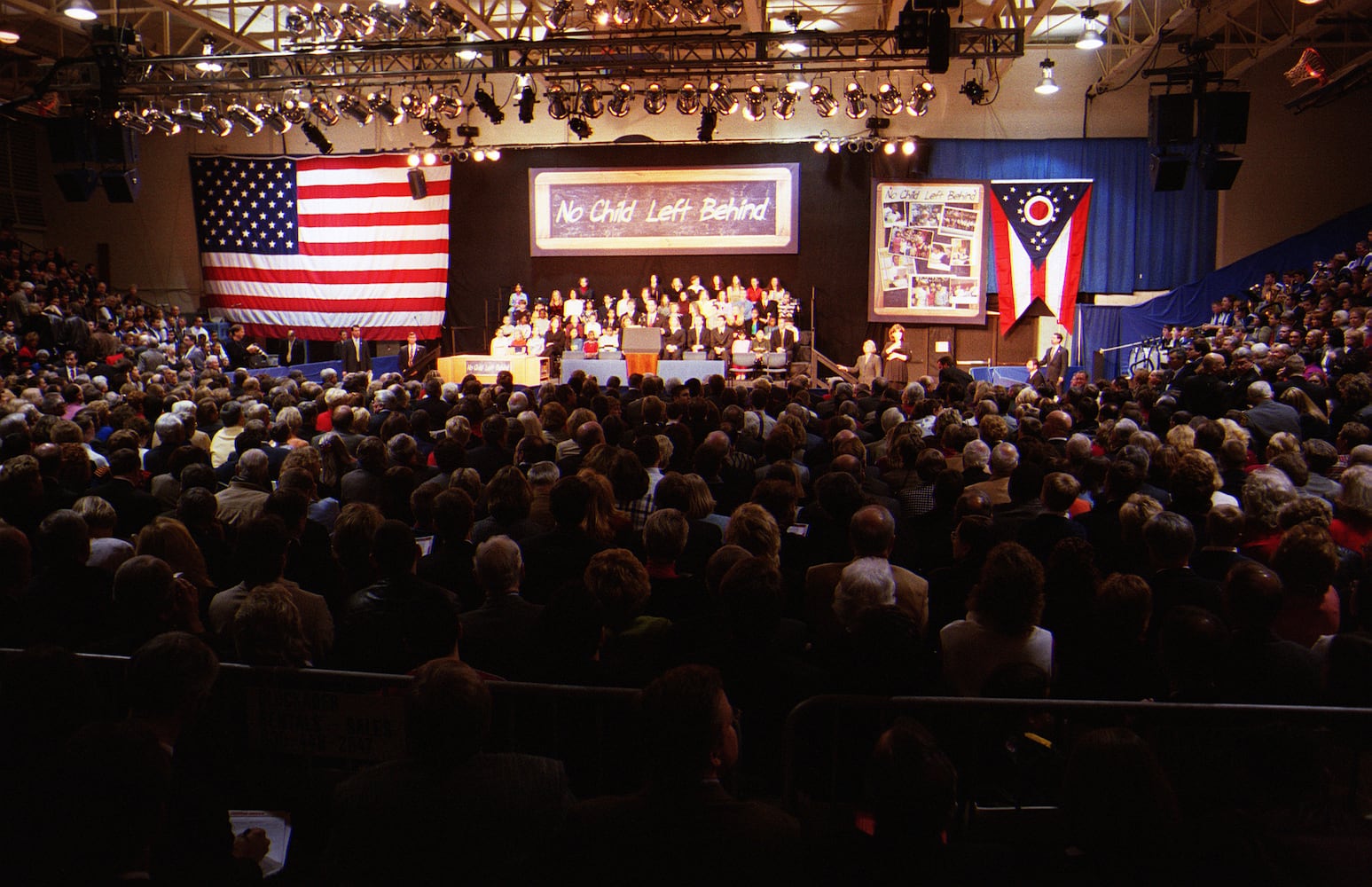 President George W. Bush signing No Child Left Behind Act at Hamilton High School Jan. 8, 2002.