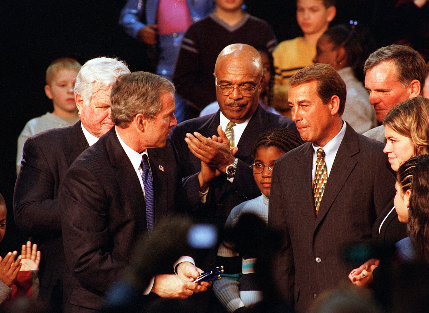 President George W. Bush signing No Child Left Behind Act at Hamilton High School Jan. 8, 2002.