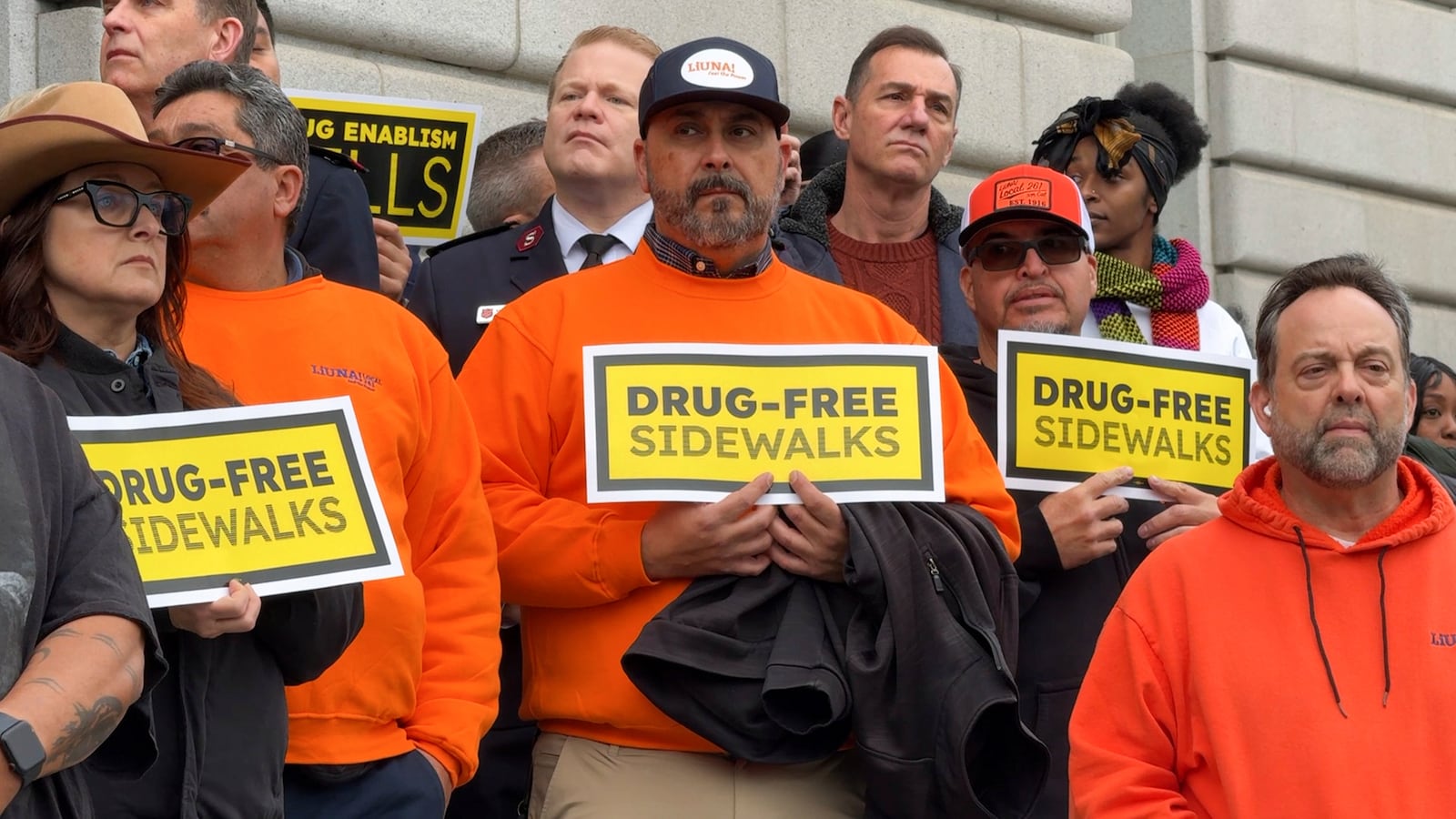 Demonstrators gather at a rally at City Hall to support legislation that gives the mayors extra power to address the city's fentanyl crisis Wednesday, Jan. 29, 2025, in San Francisco. (AP Photo/Terry Chea)