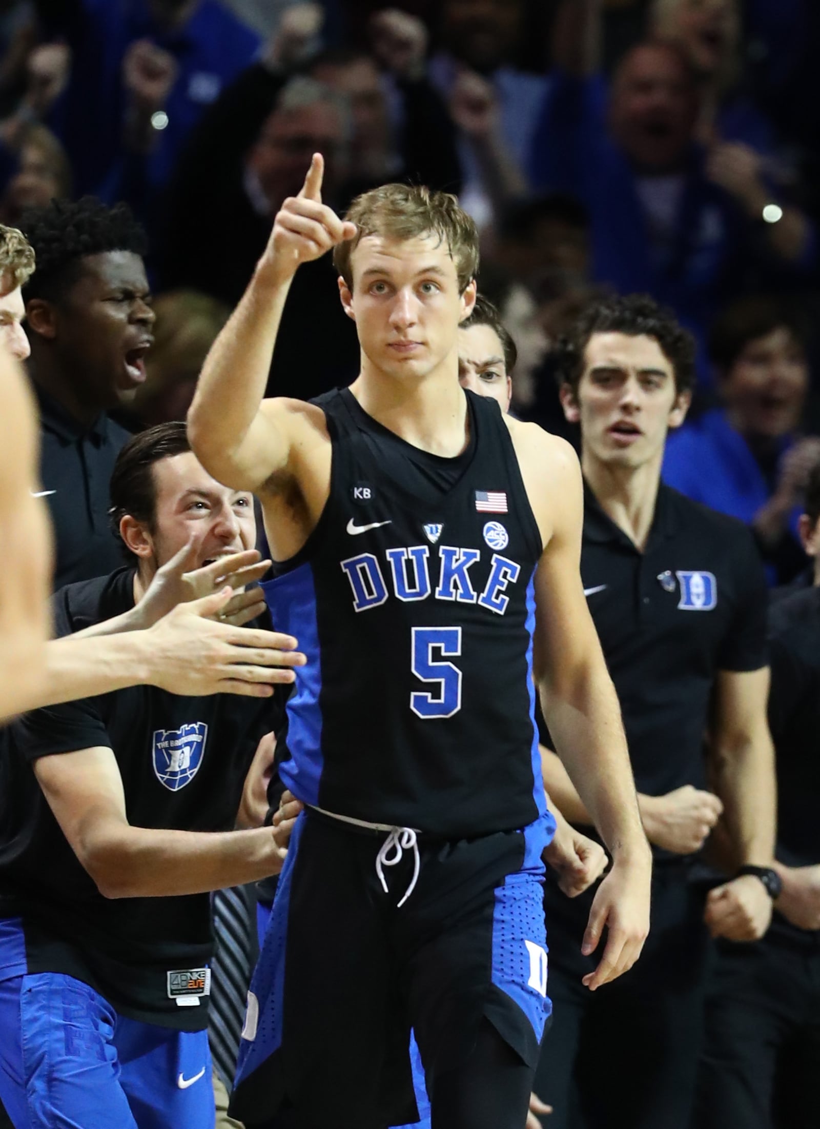 Luke Kennard #5 of the Duke Blue Devils reacts after hitting a three point shot against the North Carolina Tar Heels during the Semi Finals of the ACC Basketball Tournament at the Barclays Center on March 10, 2017 in New York City.