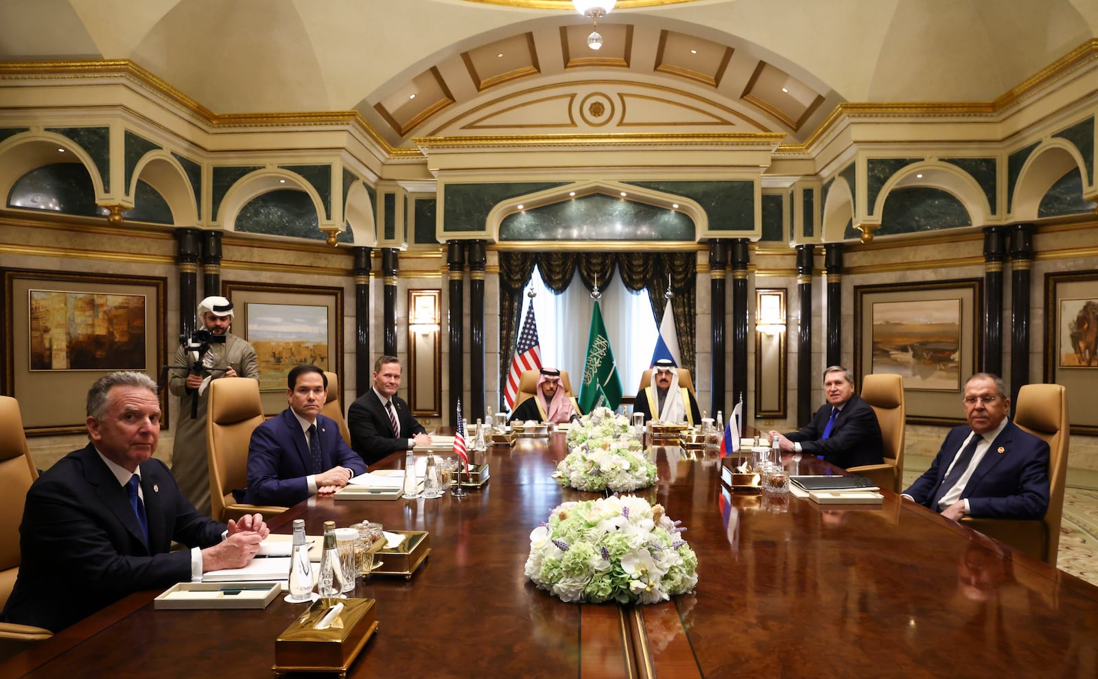 FILE - U.S. Secretary of State Marco Rubio, second left, meets with Saudi Foreign Minister Prince Faisal bin Farhan Al Saud, Saudi National Security Advisor Mosaad bin Mohammad Al-Aiban, U.S. National Security Advisor Mike Waltz, third left, U.S. Middle East envoy Steve Witkoff, left, Russian Foreign Minister Sergei Lavrov, right, and Russian President Vladimir Putin's foreign policy advisor Yuri Ushakov, second right, at Diriyah Palace, in Riyadh, Saudi Arabia, Tuesday Feb. 18, 2025. (Evelyn Hockstein/Pool Photo via AP, File)