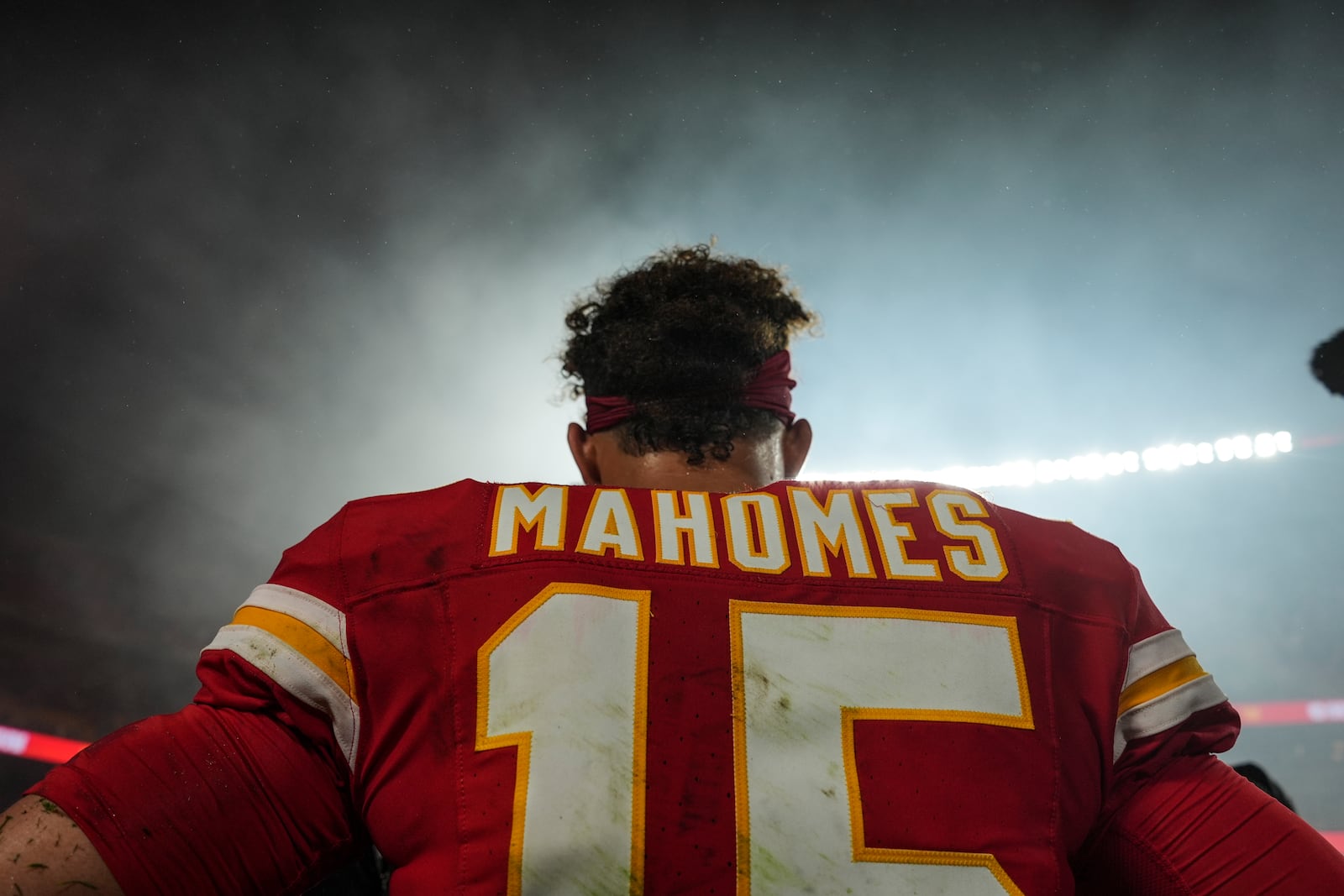 Kansas City Chiefs quarterback Patrick Mahomes (15) walks off the field after a win against the Tampa Bay Buccaneers in overtime of an NFL football game, Monday, Nov. 4, 2024, in Kansas City, Mo. (AP Photo/Charlie Riedel)